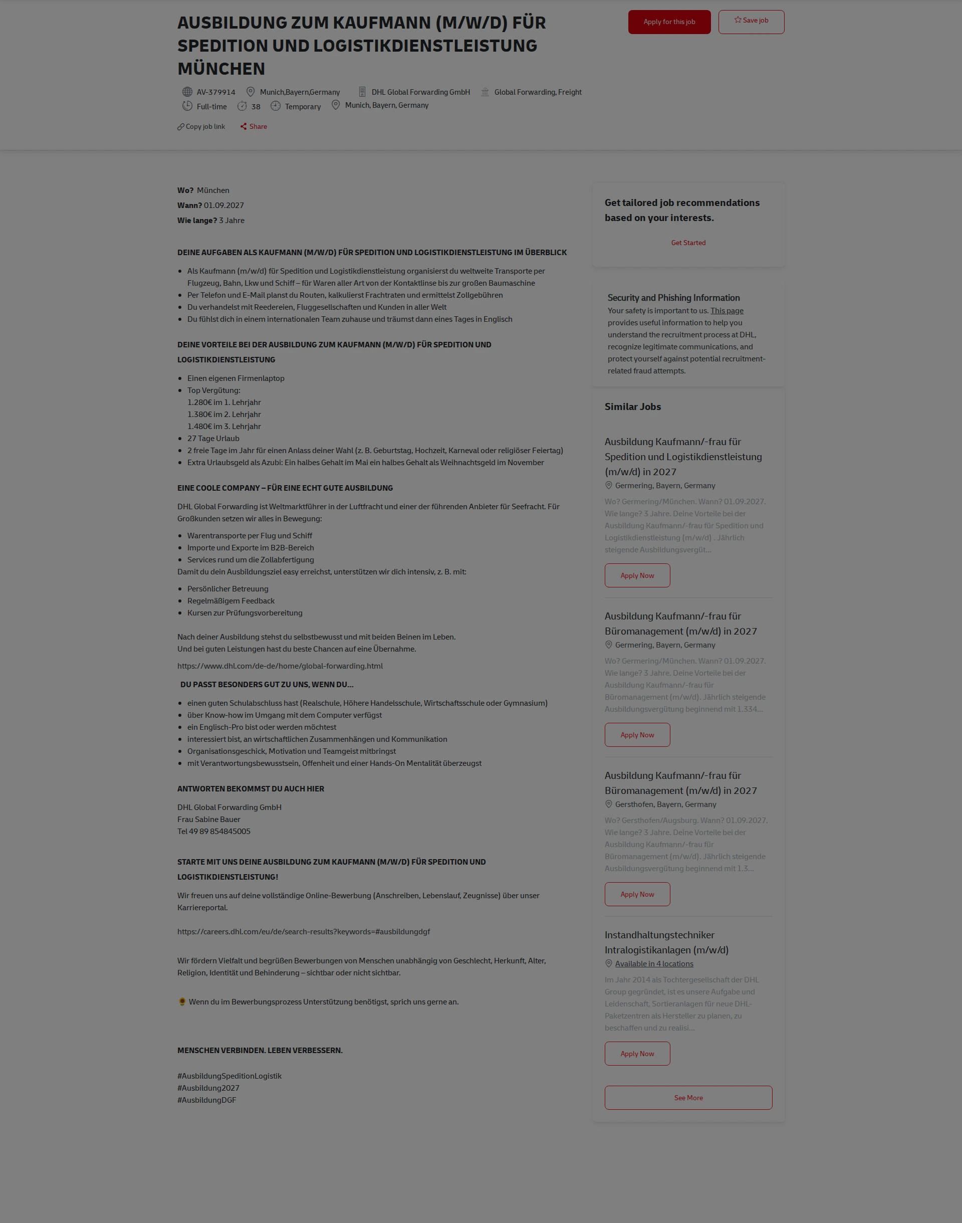 DHL AUSBILDUNG ZUM KAUFMANN (M/W/D) FÜR SPEDITION UND LOGISTIKDIENSTLEISTUNG MÜNCHEN 채용공고