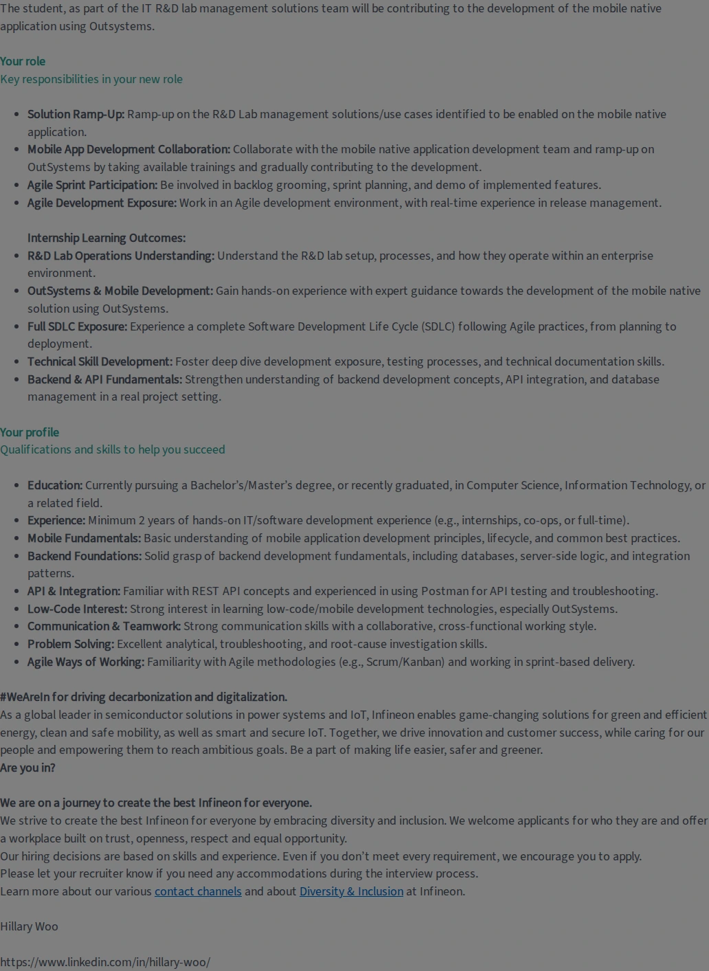인피니언 Internship - Full Stack Developer 채용공고