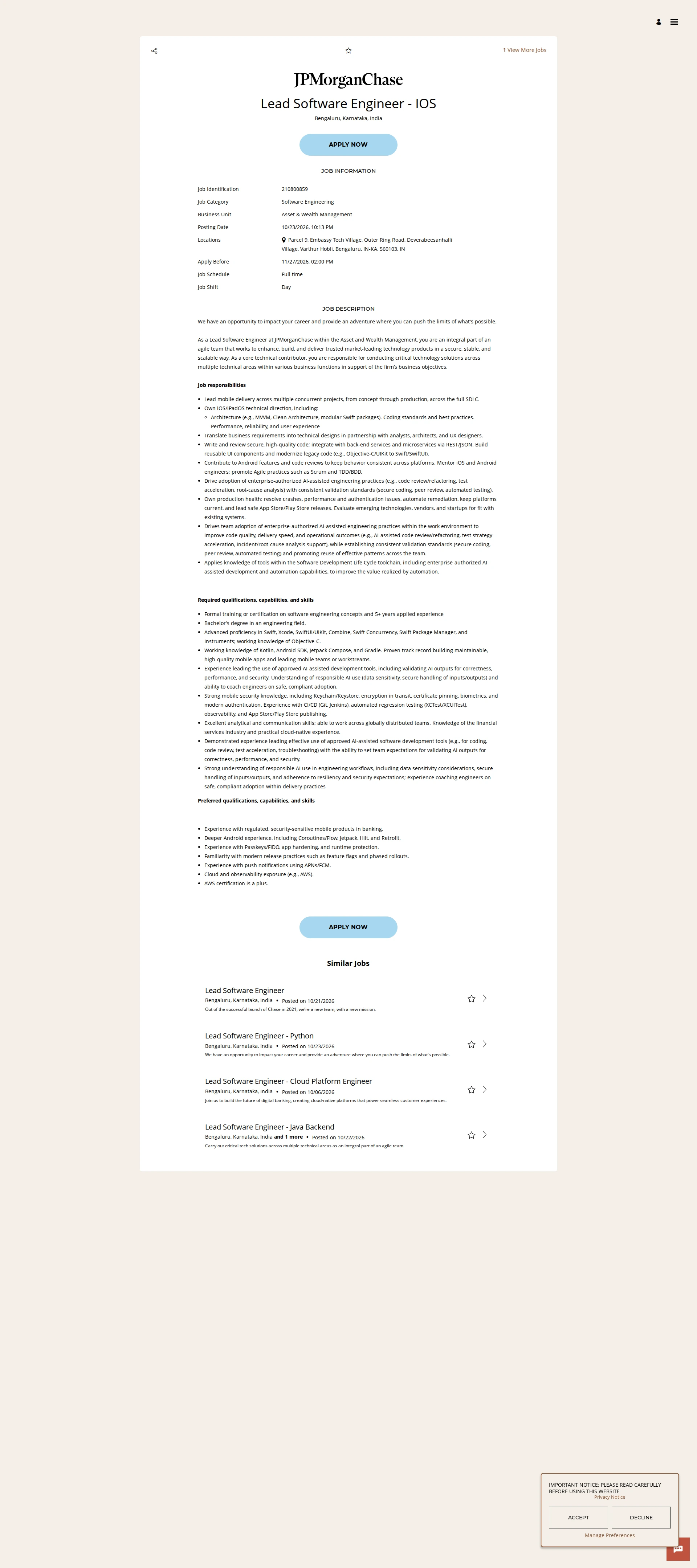 JPMorganChase Lead Software Engineer - IOS 채용공고