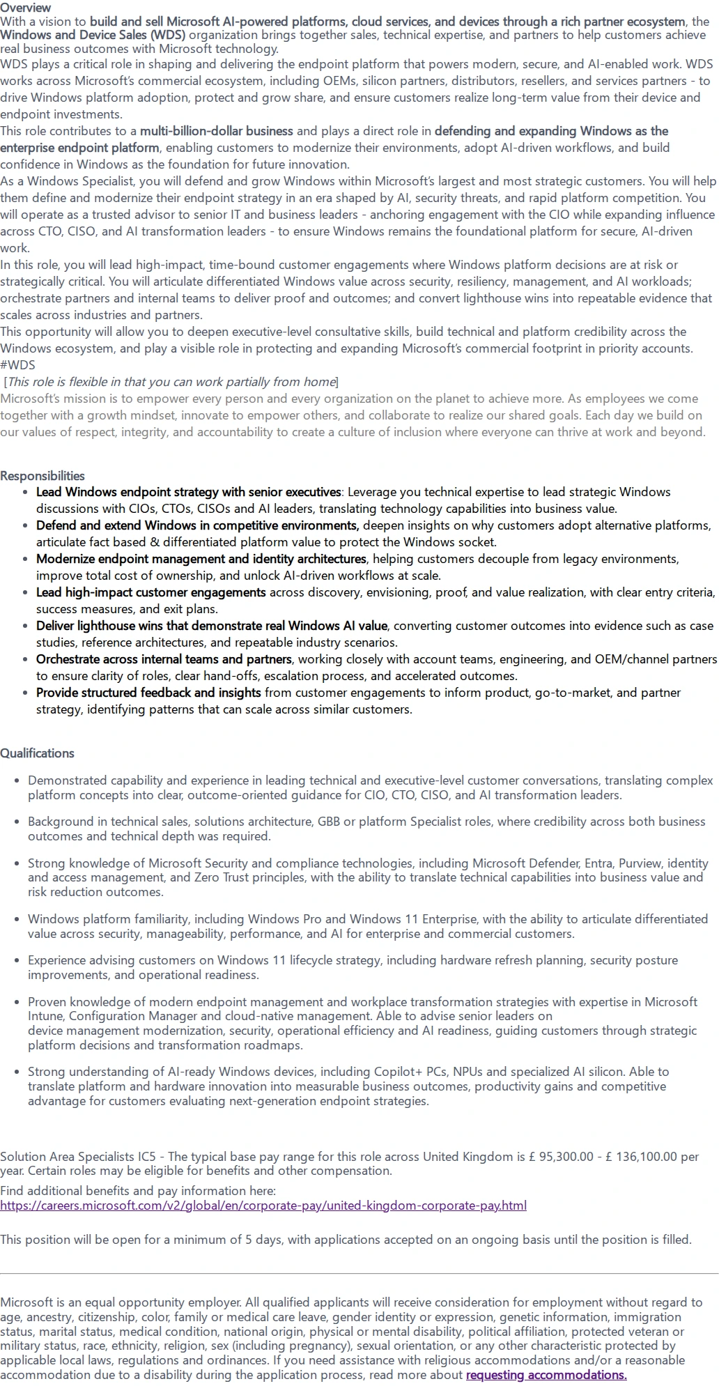 마이크로소프트(Microsoft) Senior Sales Specialist - Windows & Device Sales - UK 채용공고