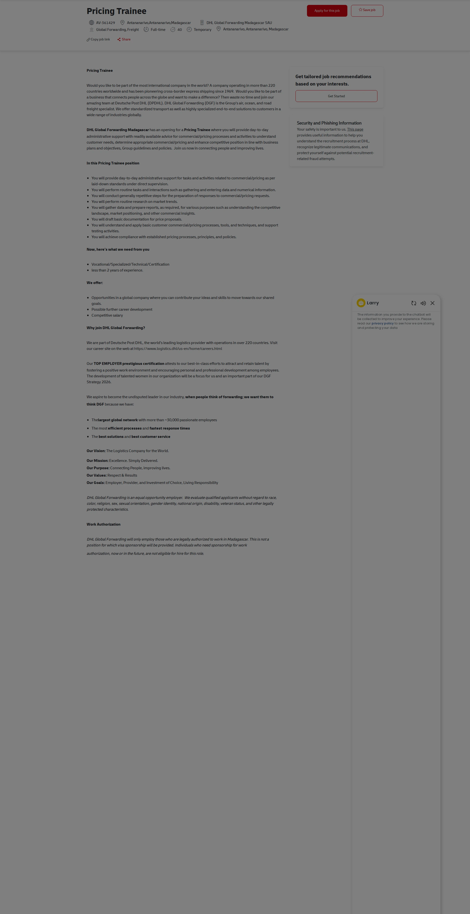 DHL Pricing Trainee 채용공고