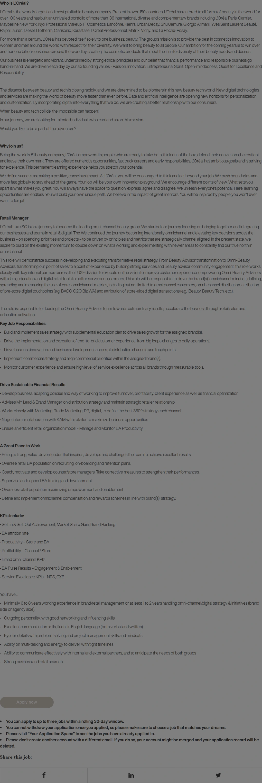 로레알(L'Oreal) [MYSG] Retail Manager - Luxe - Singapore 채용공고