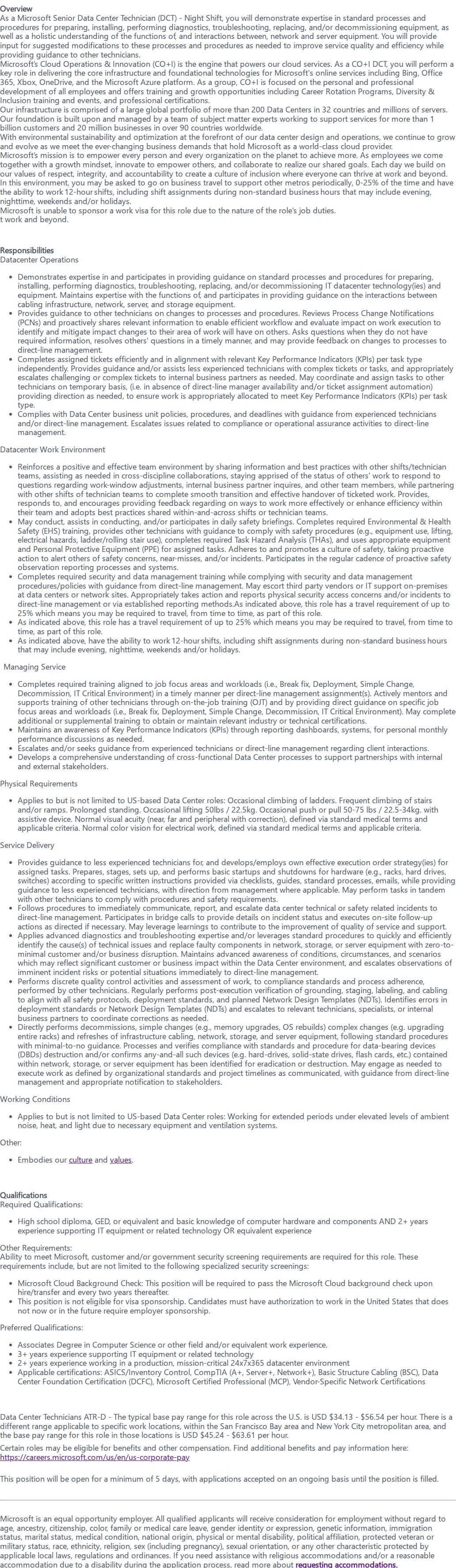 마이크로소프트(Microsoft) Senior Data Center Technician - Night Shift Only 채용공고