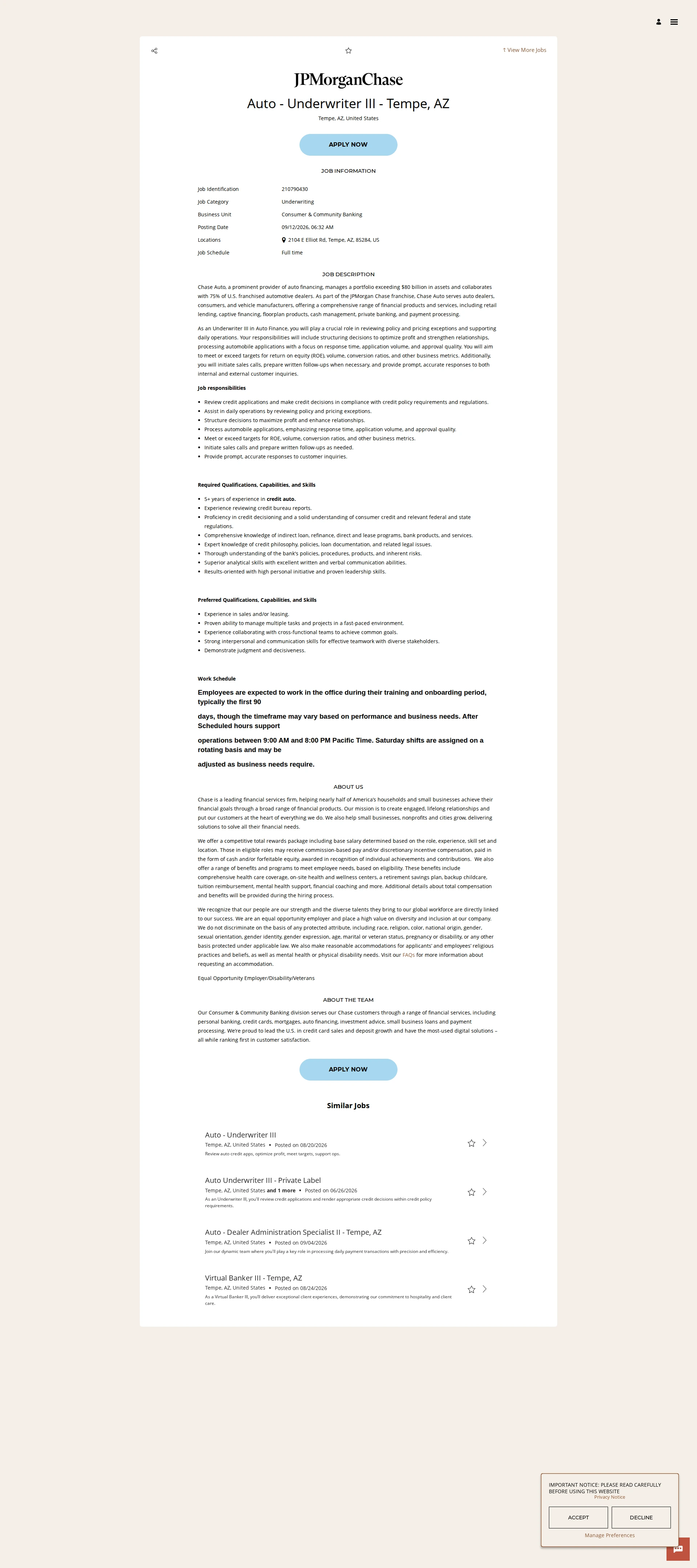 JPMorganChase Auto - Underwriter III - Tempe, AZ 채용공고