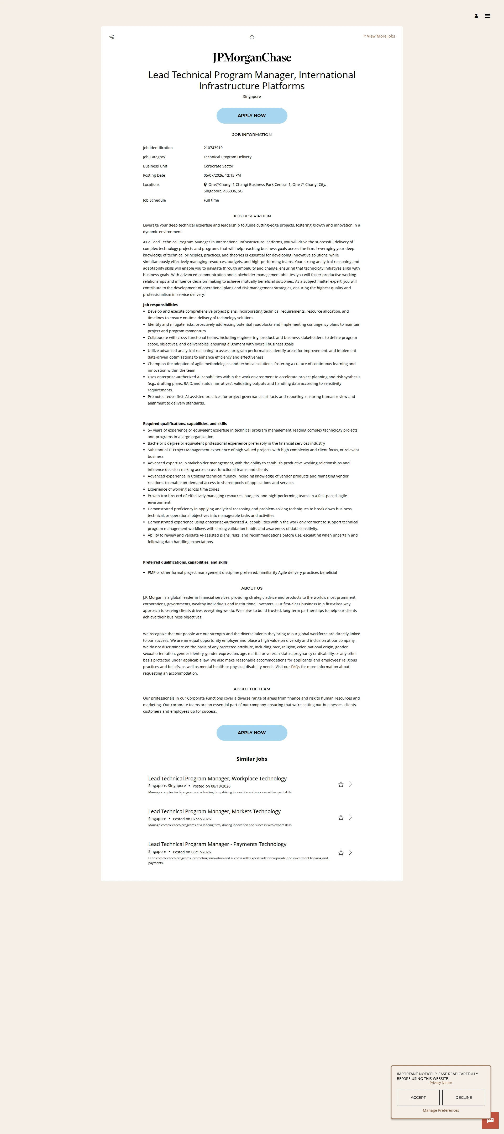 JPMorganChase Lead Technical Program Manager, International Infrastructure Platforms 채용공고