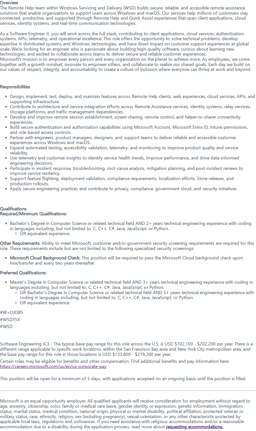 마이크로소프트(Microsoft) Software Engineer II 채용공고