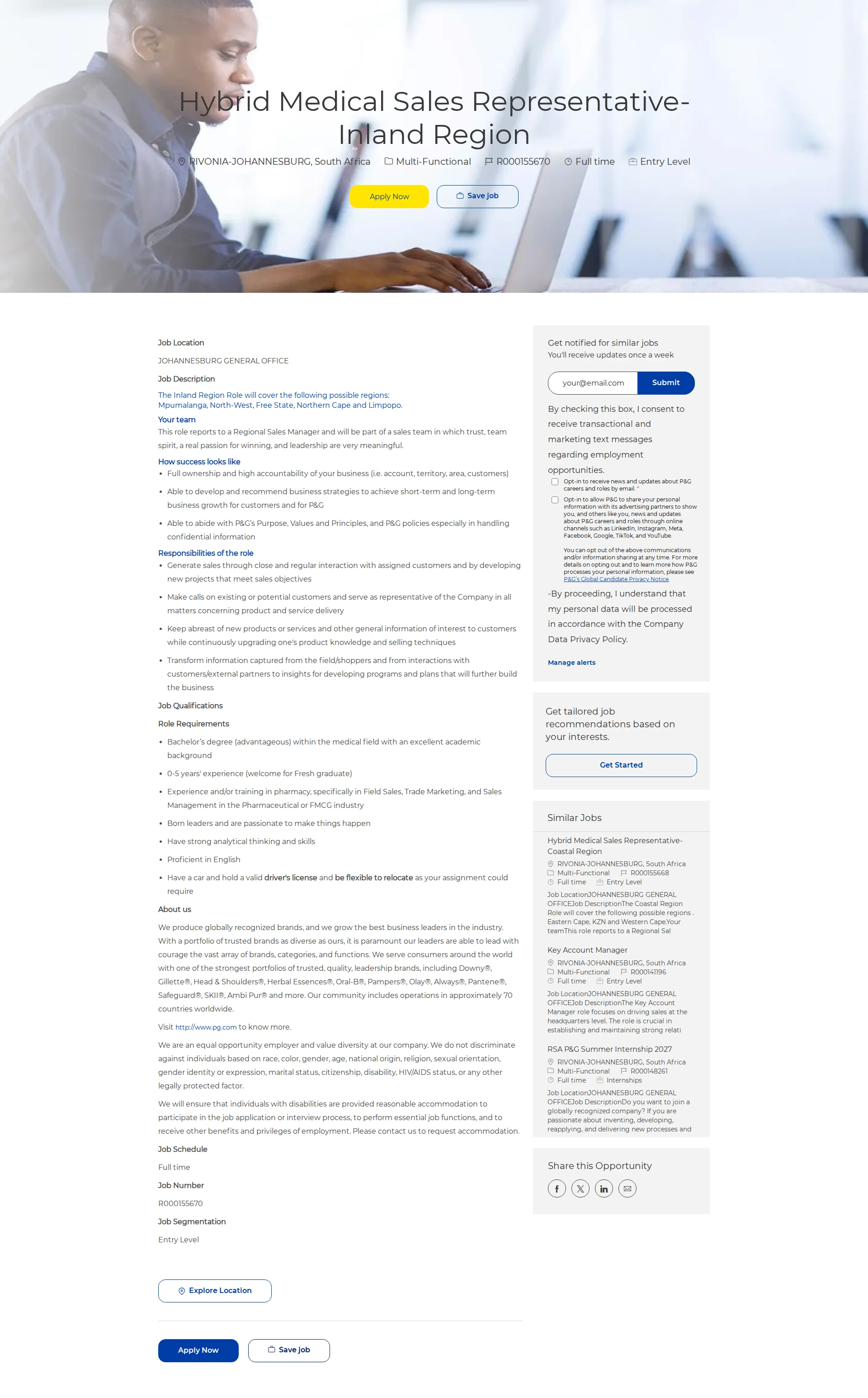 P&G Hybrid Medical Sales Representative- Inland Region 채용공고