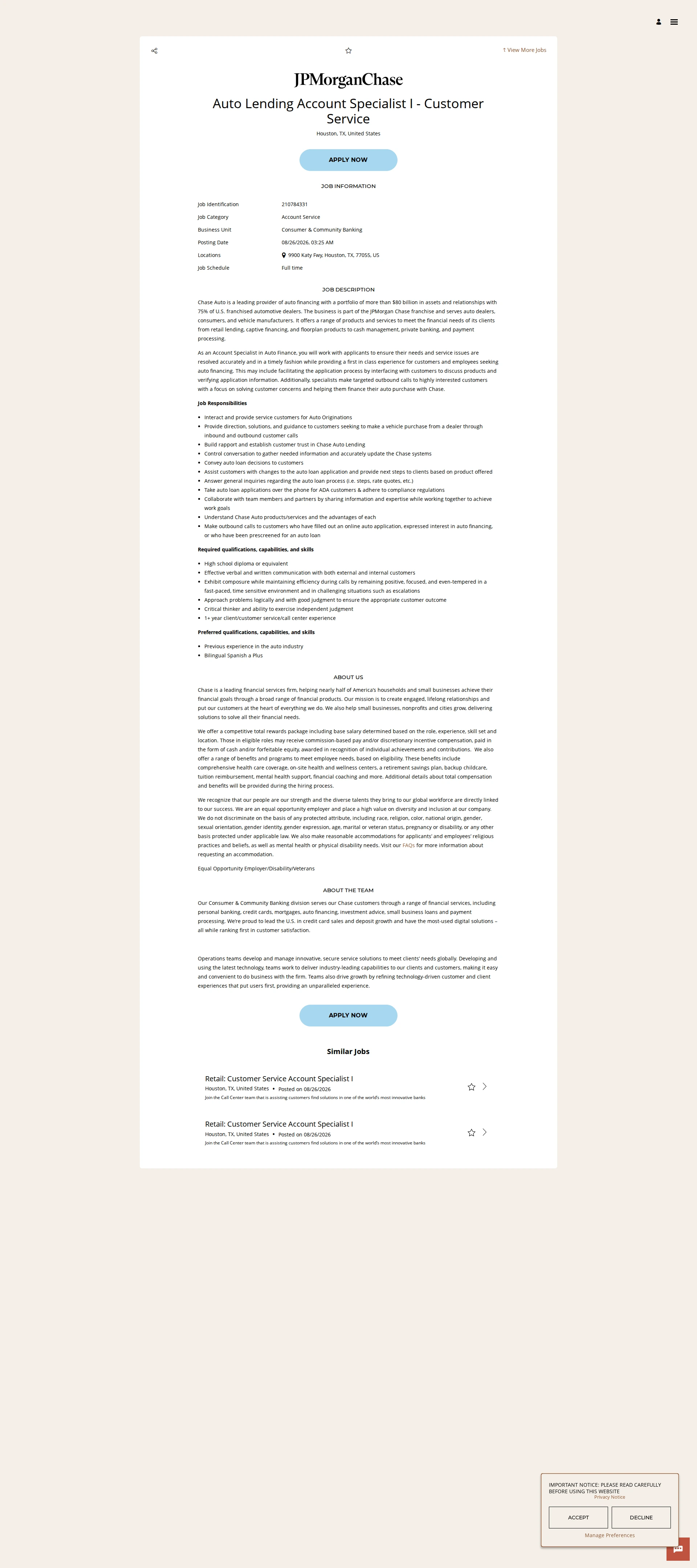 JPMorganChase Auto Lending Account Specialist I - Customer Service 채용공고
