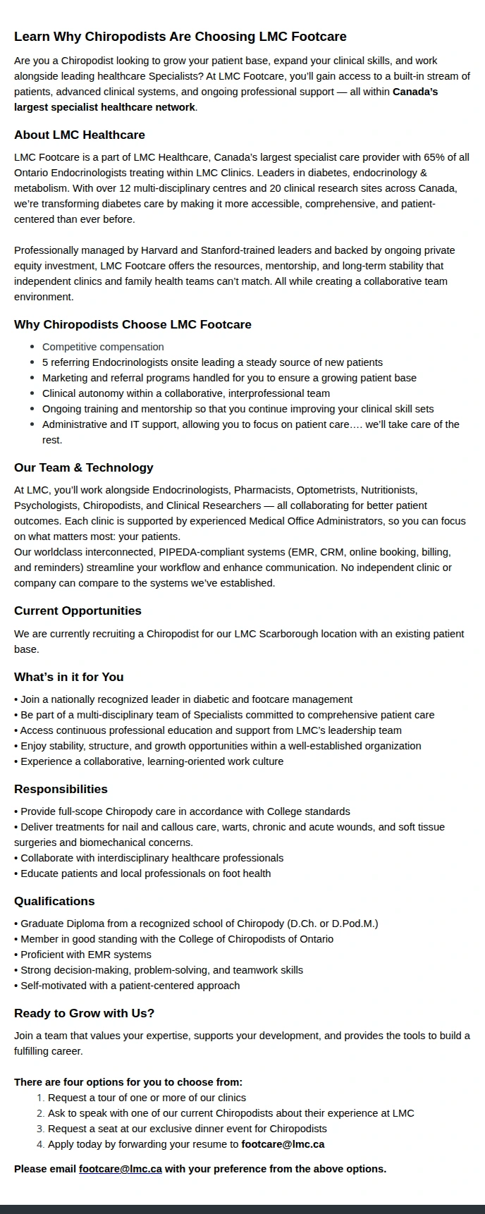 LMC Healthcare Chiropodist (Independent Contractor) 채용공고