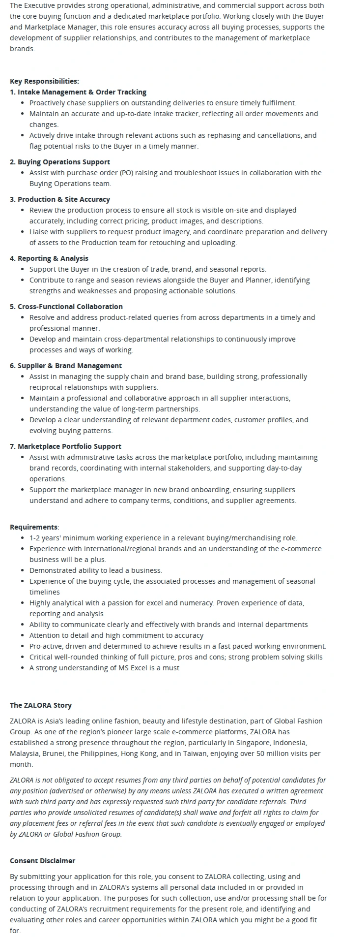 ZALORA SOUTH EAST ASIA PTE LTD Buying & Marketplace Executive - Hybrid Work Setup 채용공고