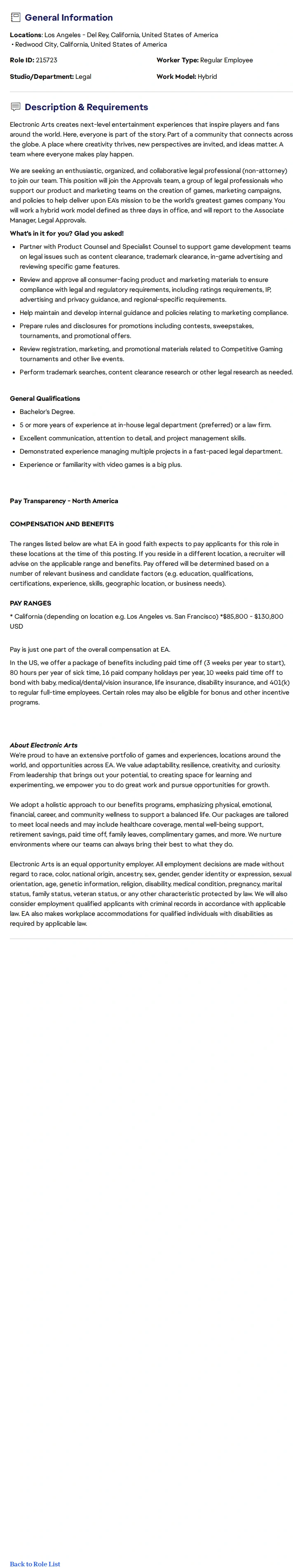 ElectronicArts Senior Legal Specialist, Approvals 채용공고