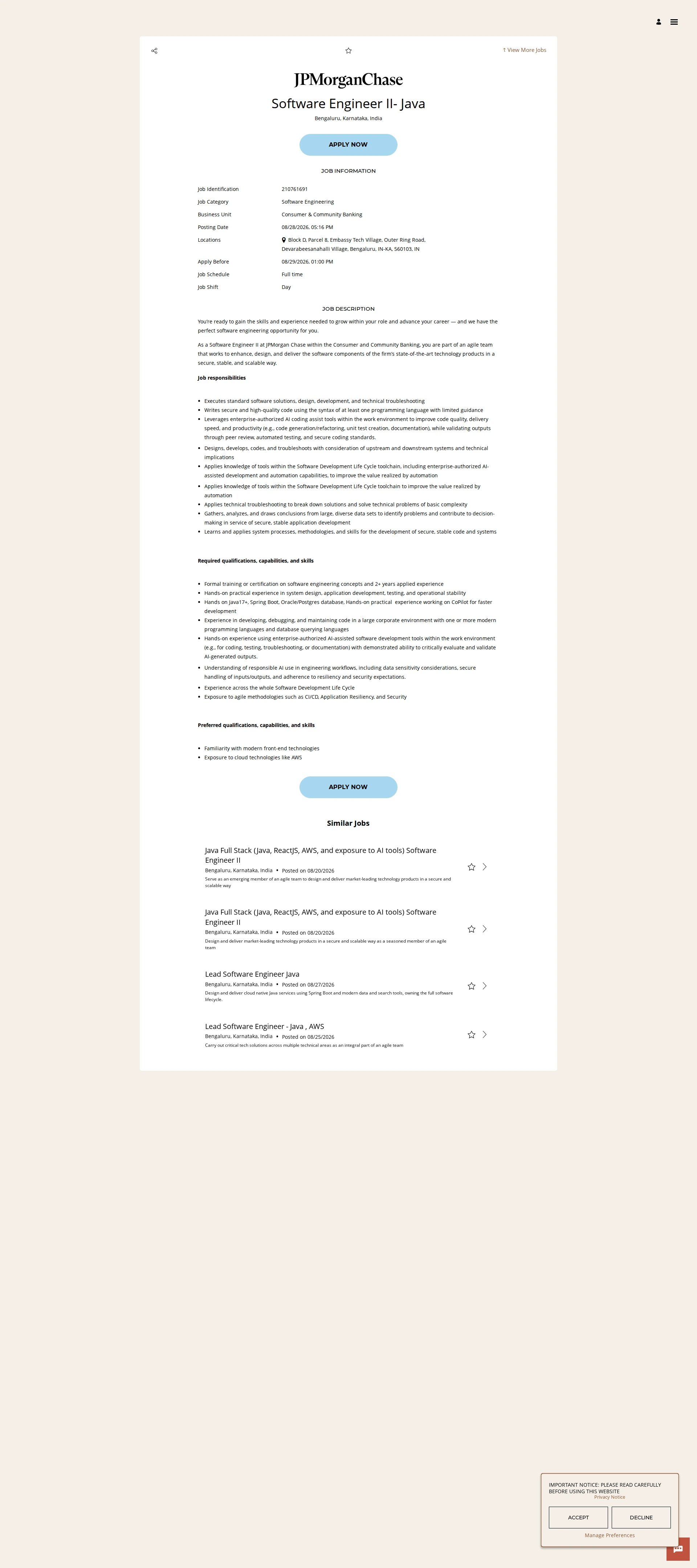 JPMorganChase Software Engineer II- Java 채용공고
