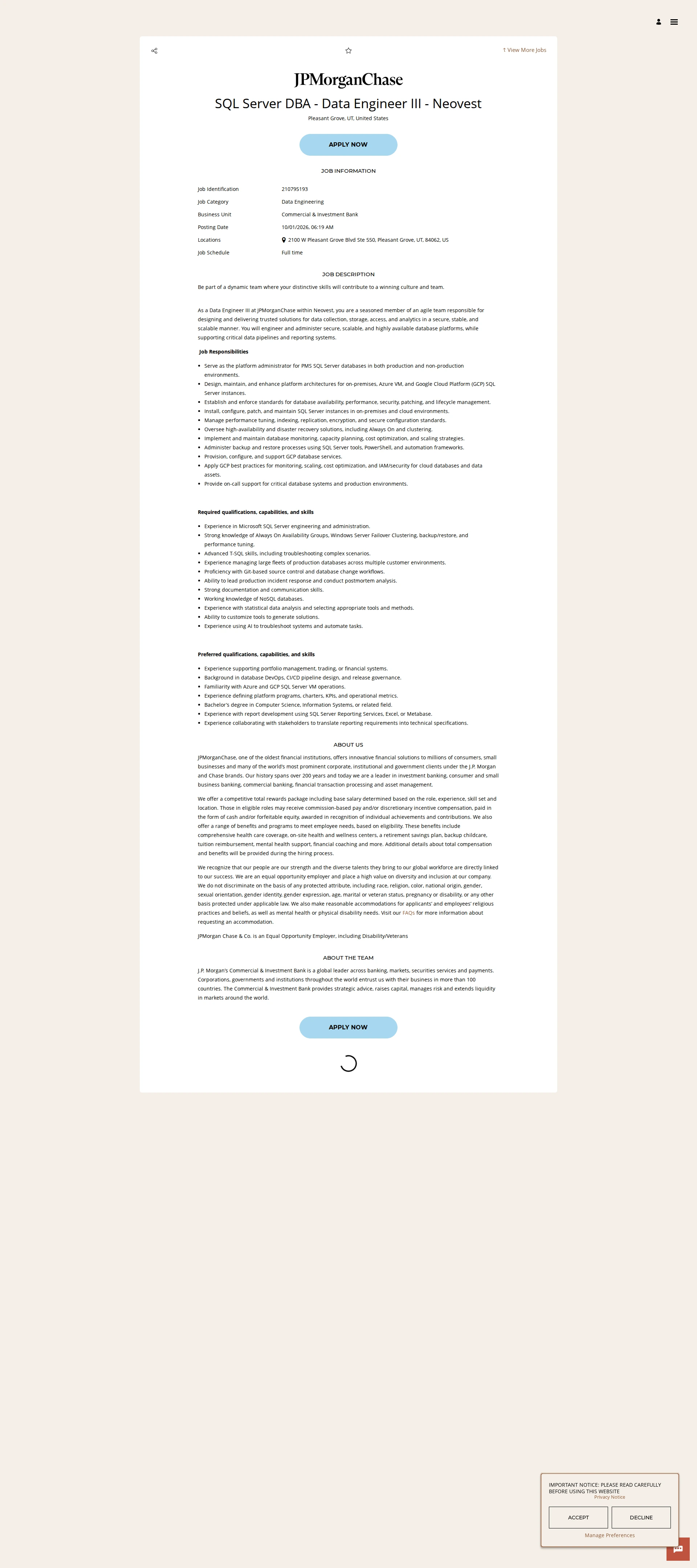 JPMorganChase SQL Server DBA - Data Engineer III - Neovest 채용공고