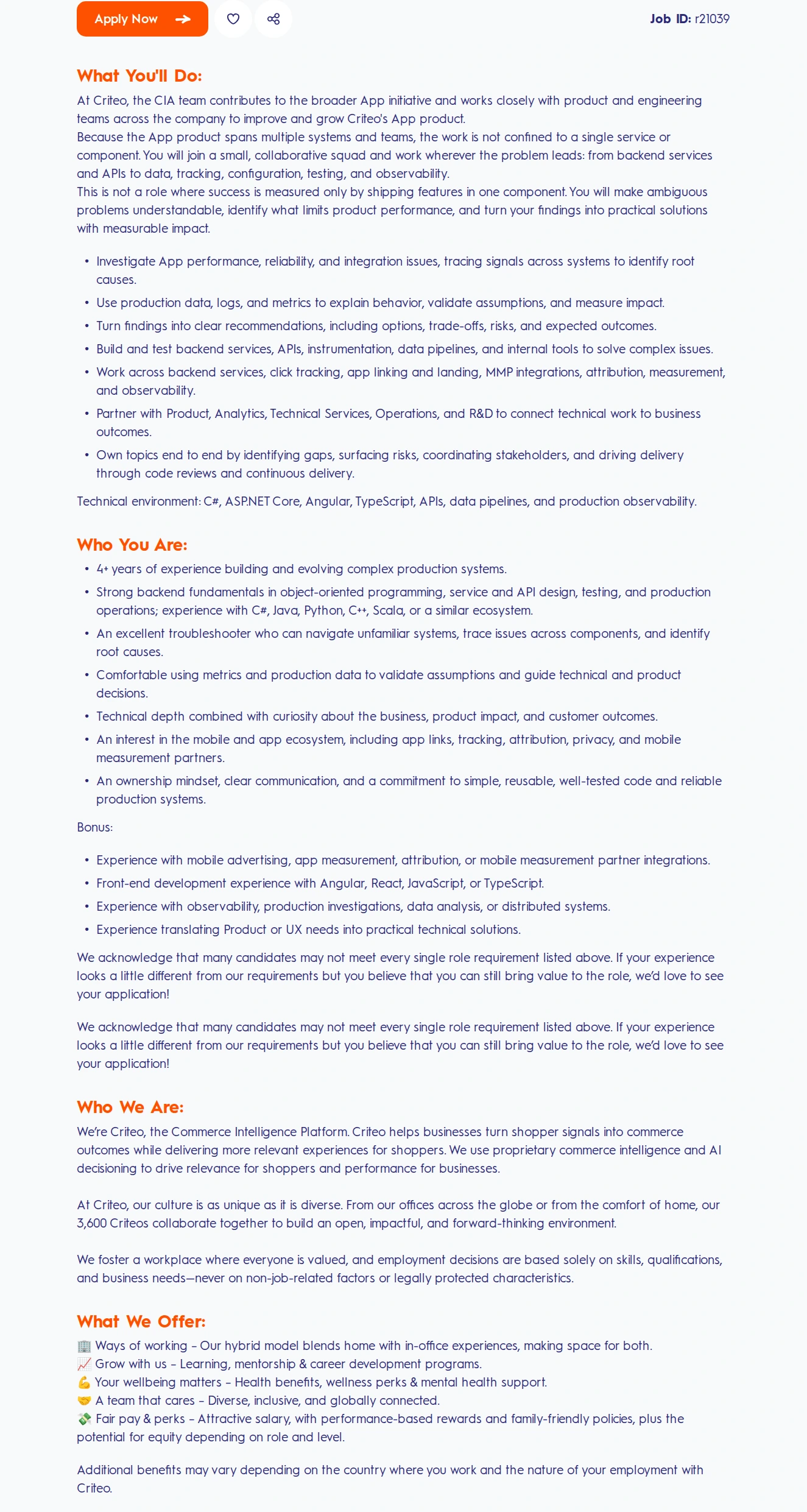 크리테오 Fullstack Software Engineer – App Growth and Performance 채용공고