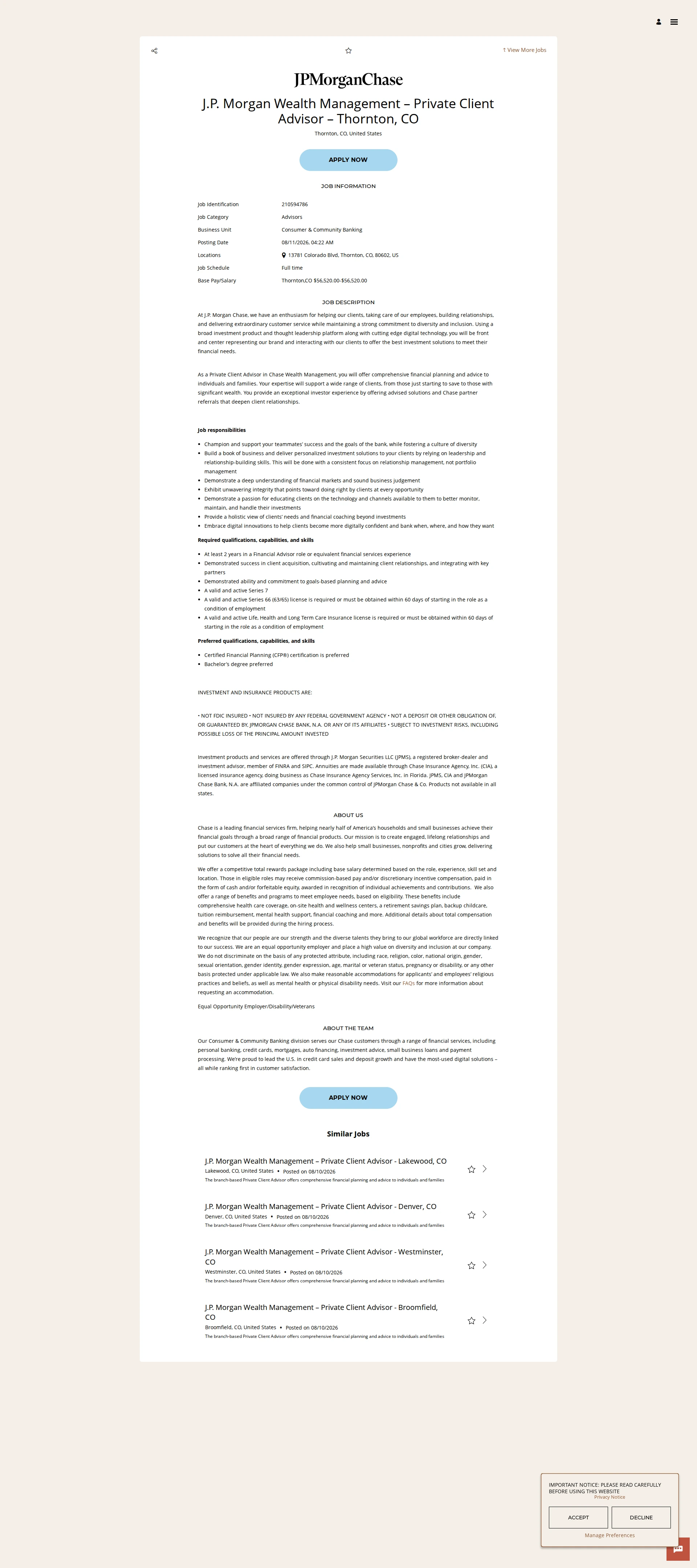 JPMorganChase J.P. Morgan Wealth Management – Private Client Advisor – Thornton, CO 채용공고