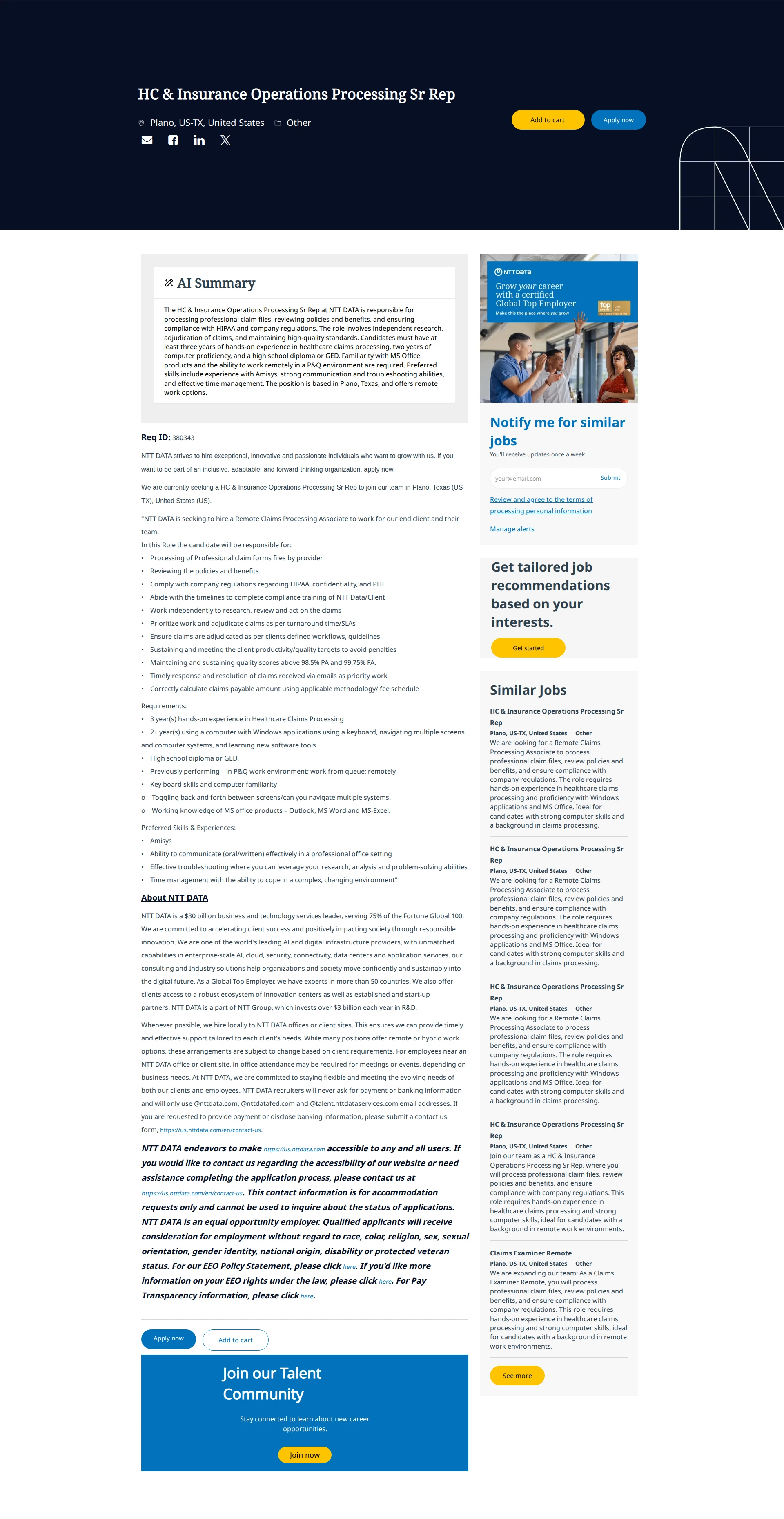 NTT데이터 HC & Insurance Operations Processing Sr Rep 채용공고