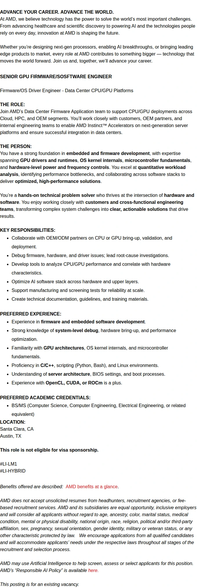 AMD Senior Datacenter GPU Firmware Engineer 채용공고