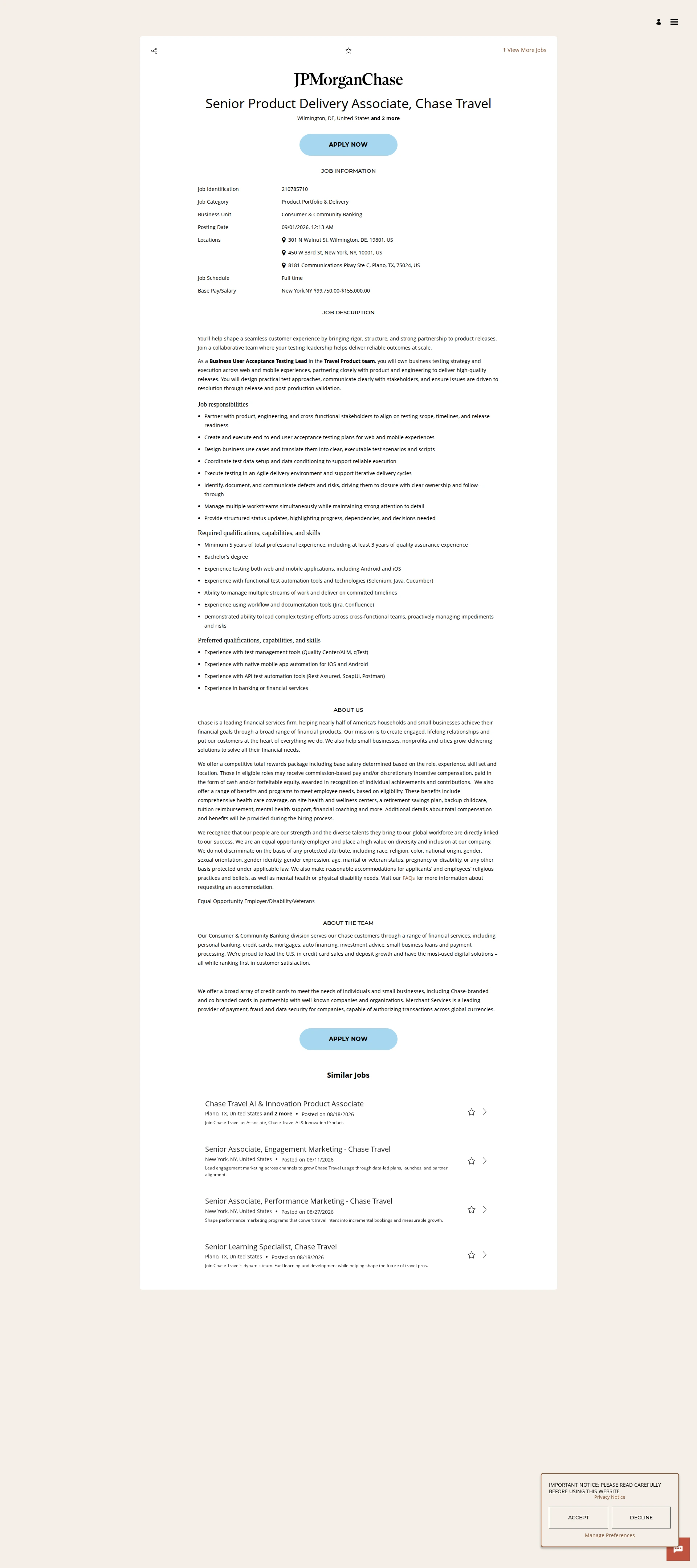 JPMorganChase Senior Product Delivery Associate, Chase Travel 채용공고