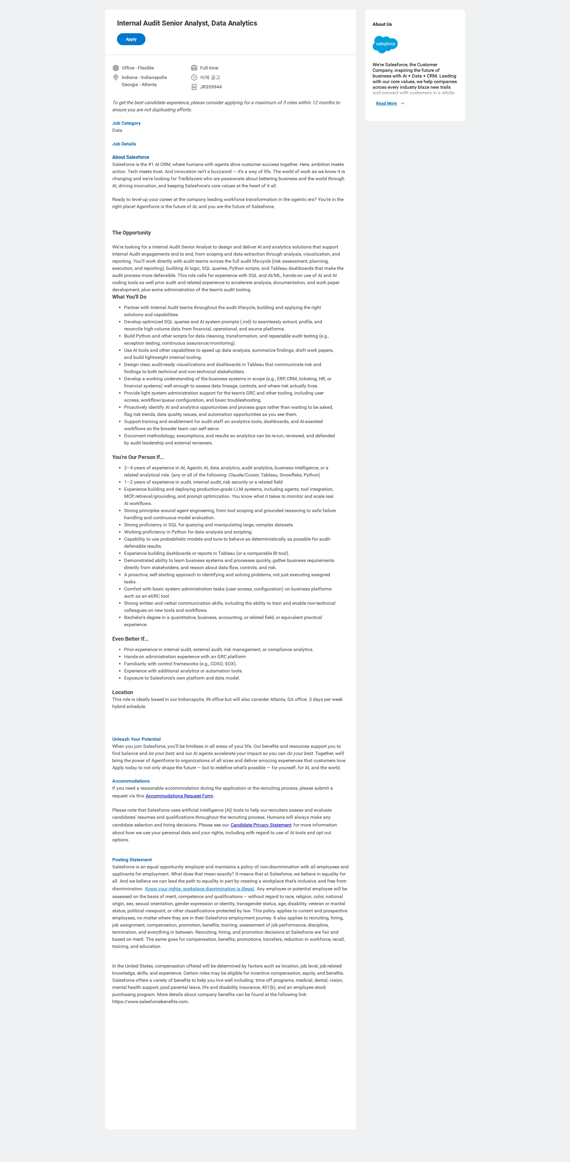 Salesforce Internal Audit Senior Analyst, Data Analytics 채용공고