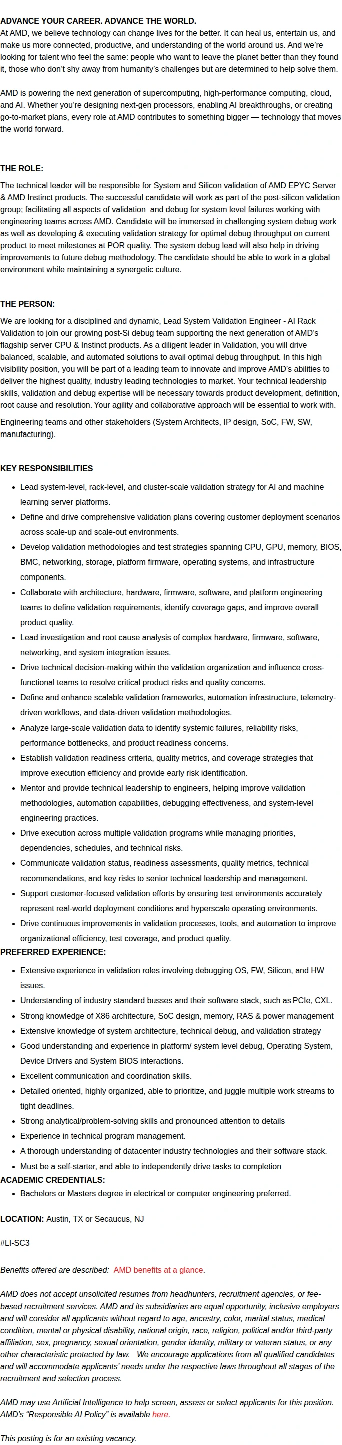 AMD Lead AI Validation and Test Engineer 채용공고