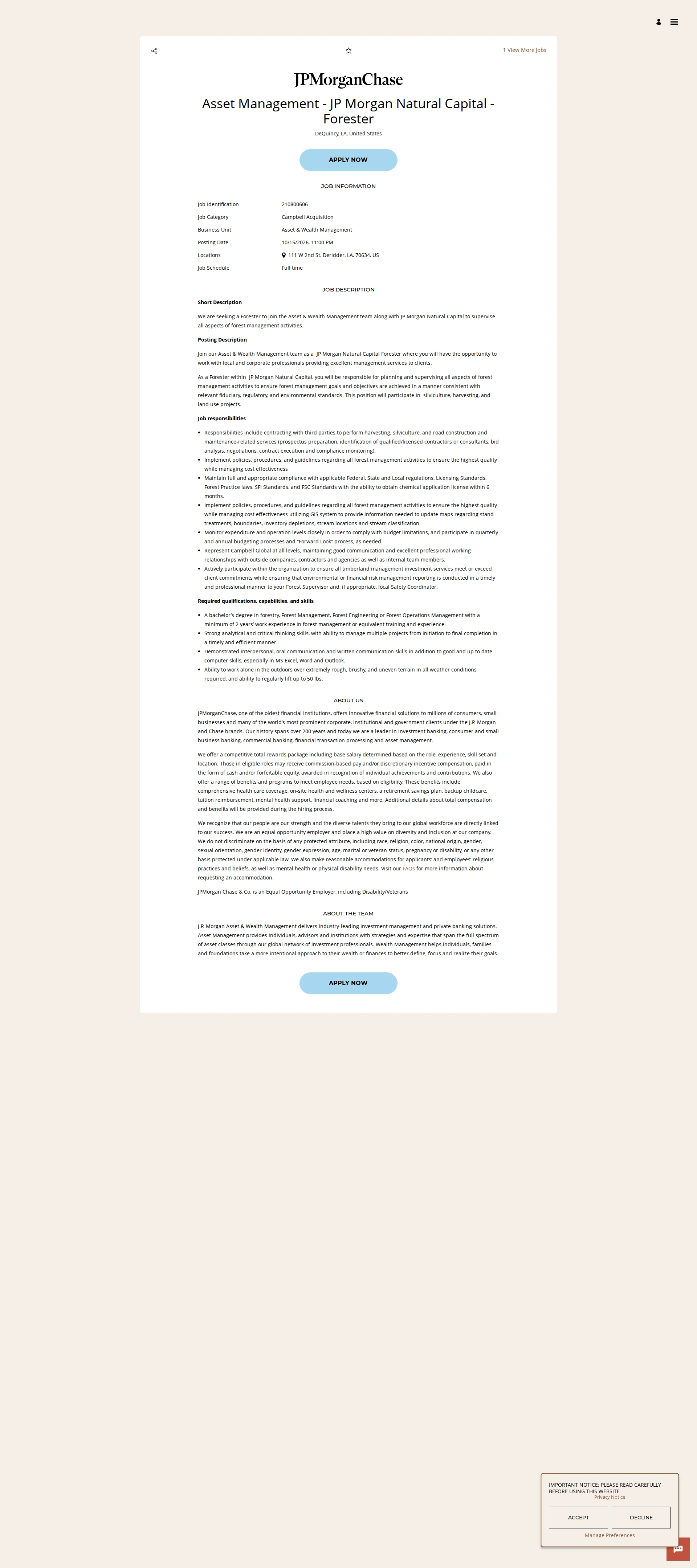 JPMorganChase Asset Management - JP Morgan Natural Capital - Forester 채용공고