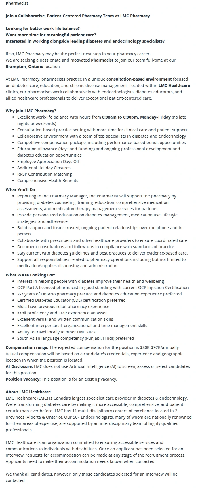 LMC Healthcare Pharmacist 채용공고
