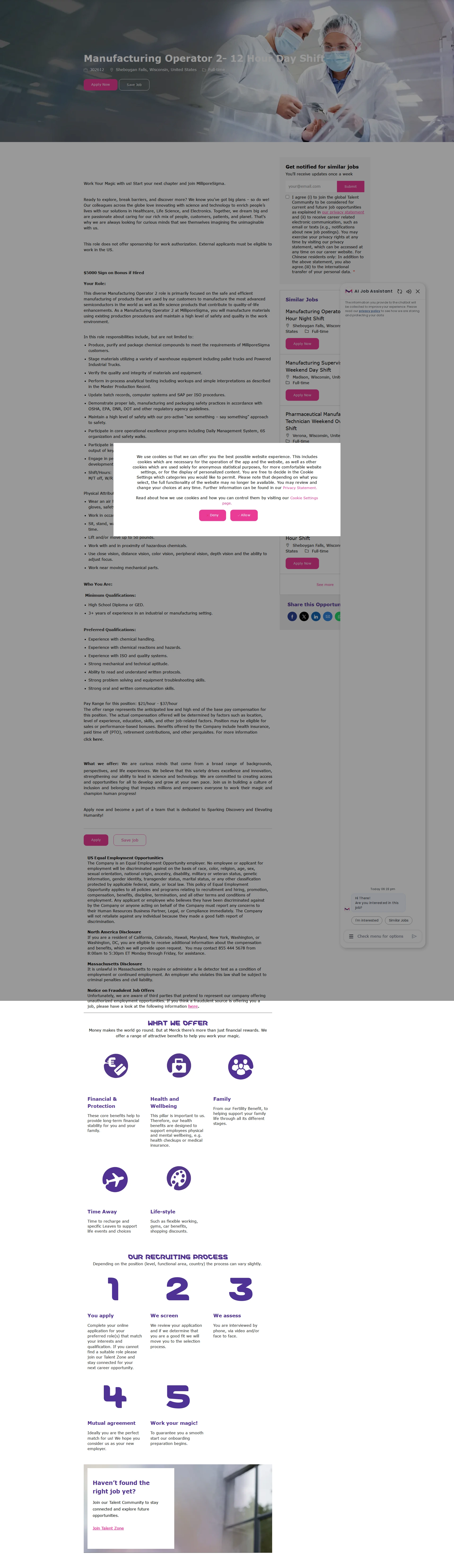 머크 Manufacturing Operator 2- 12 Hour Day Shift 채용공고