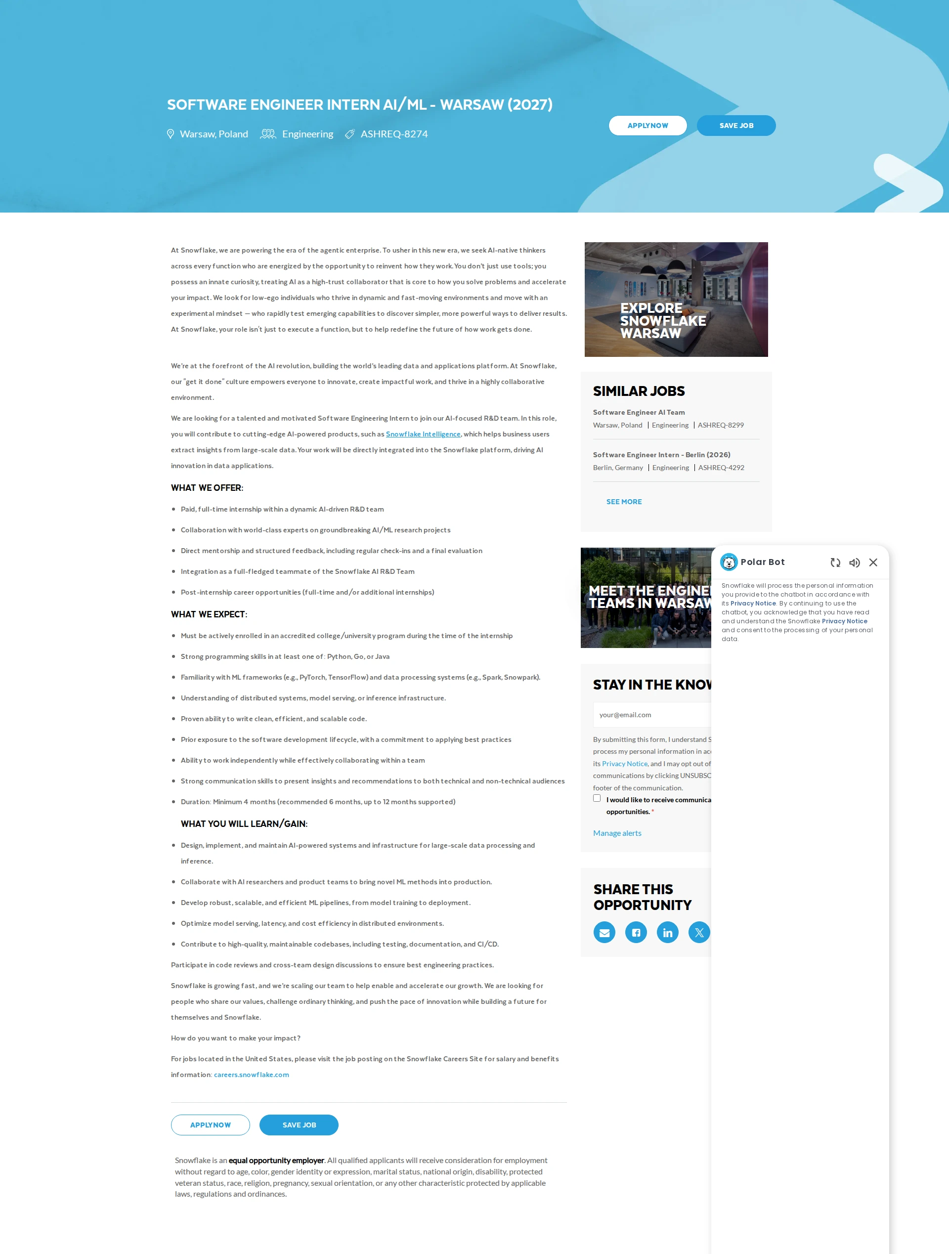 스노우플레이크 Software Engineer Intern AI/ML - Warsaw (2027) 채용공고
