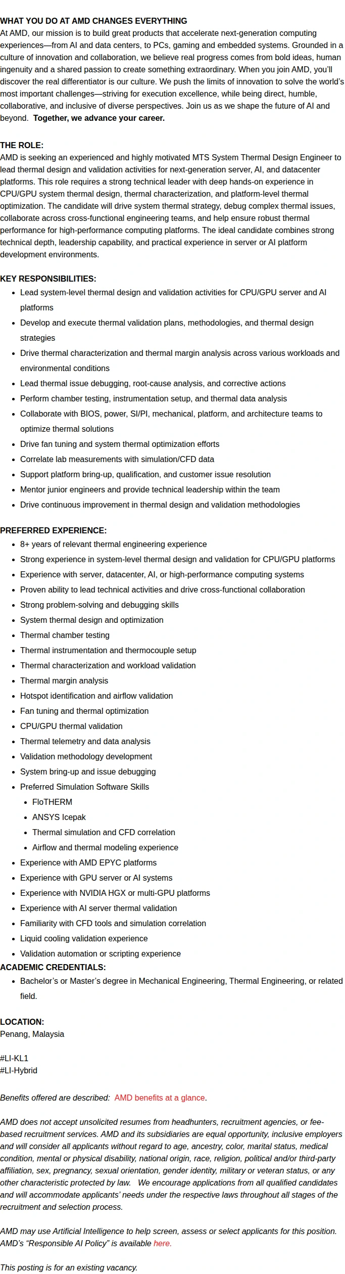 AMD System Thermal Design Staff Engineer 채용공고