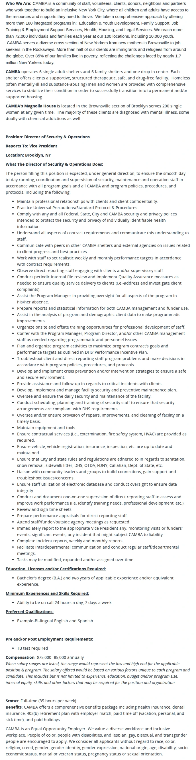 CAMBA Director of Security & Operations, Magnolia House Women's Shelter 채용공고