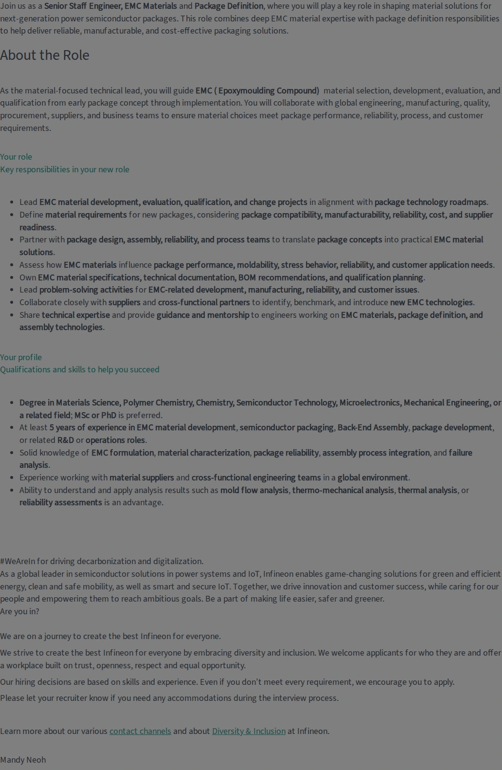 인피니언 Senior Staff Engineer, EMC Materials and Package Definition 채용공고