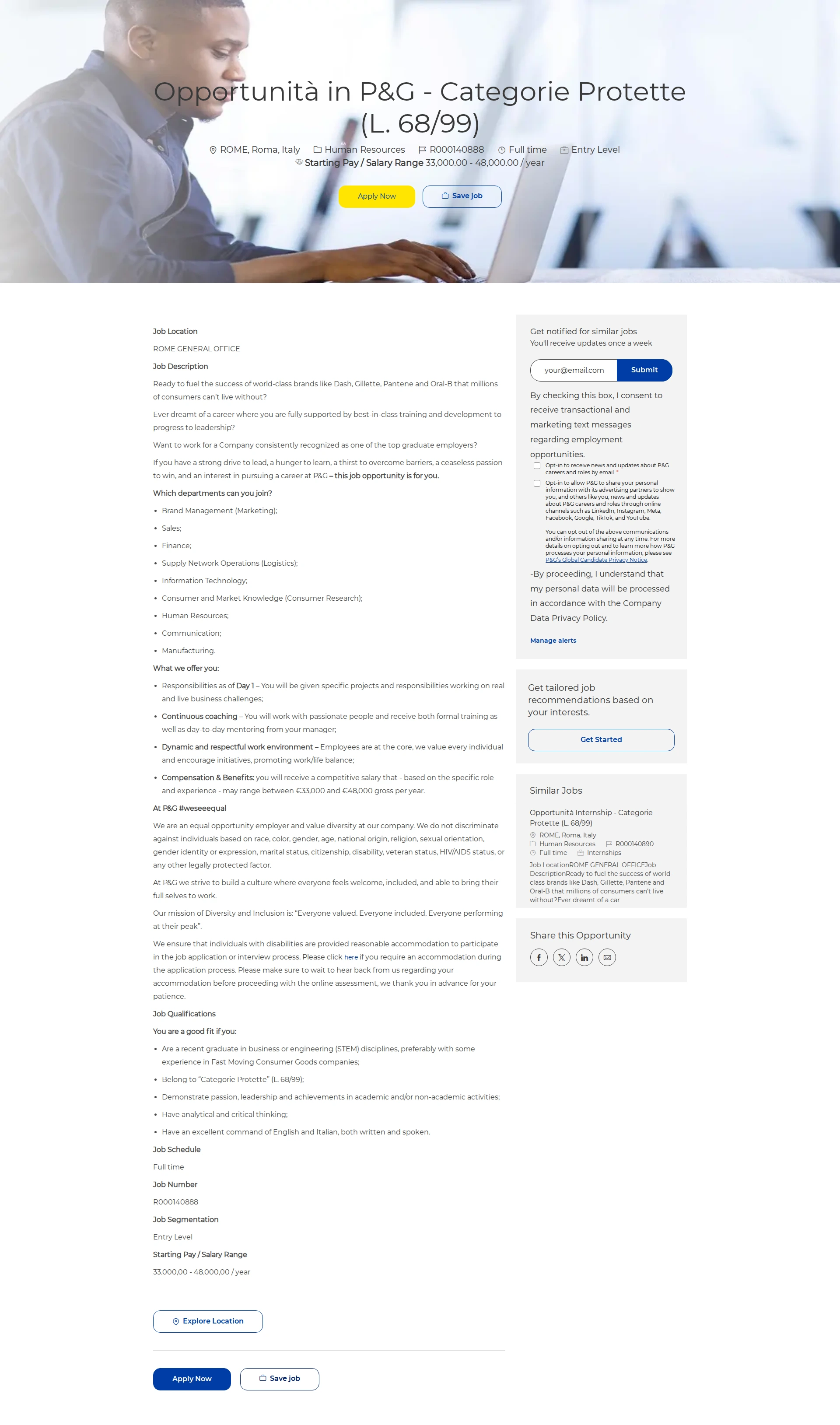 P&G Opportunità in P&G - Categorie Protette (L. 68/99) 채용공고