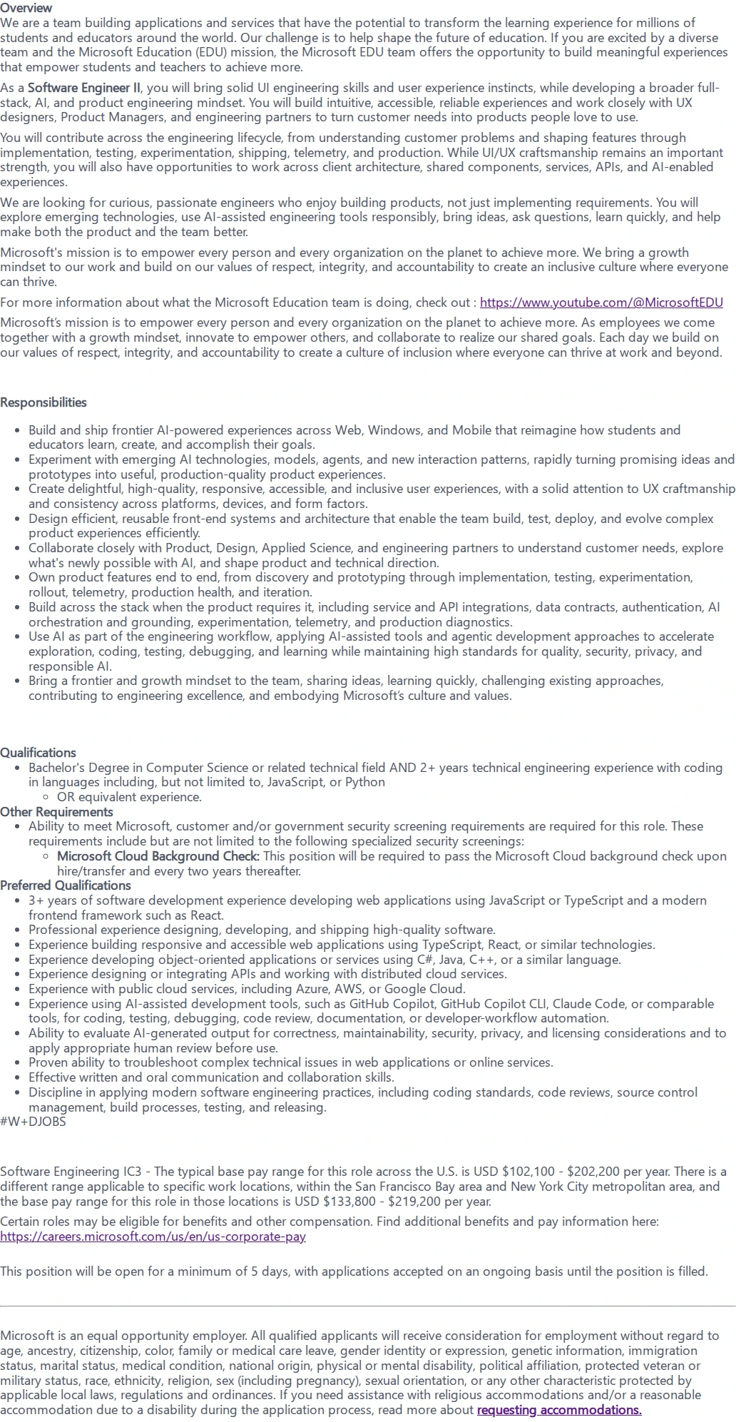 마이크로소프트(Microsoft) Software Engineer II - UI/UX Product Engineering 채용공고