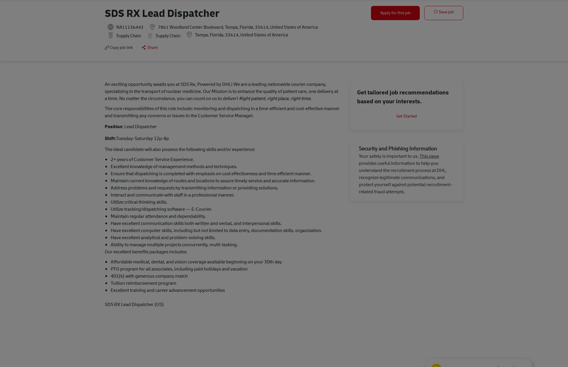DHL SDS RX Lead Dispatcher 채용공고