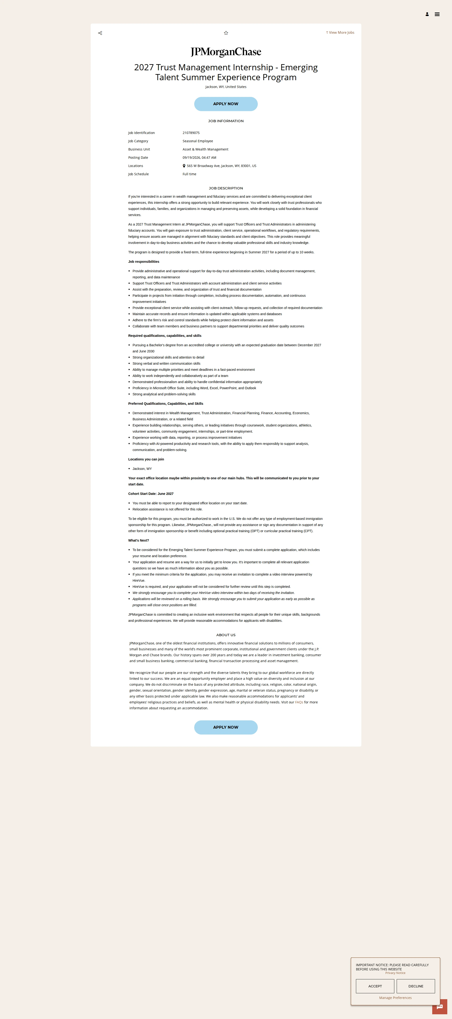 JPMorganChase 2027 Trust Management Internship - Emerging Talent Summer Experience Program 채용공고