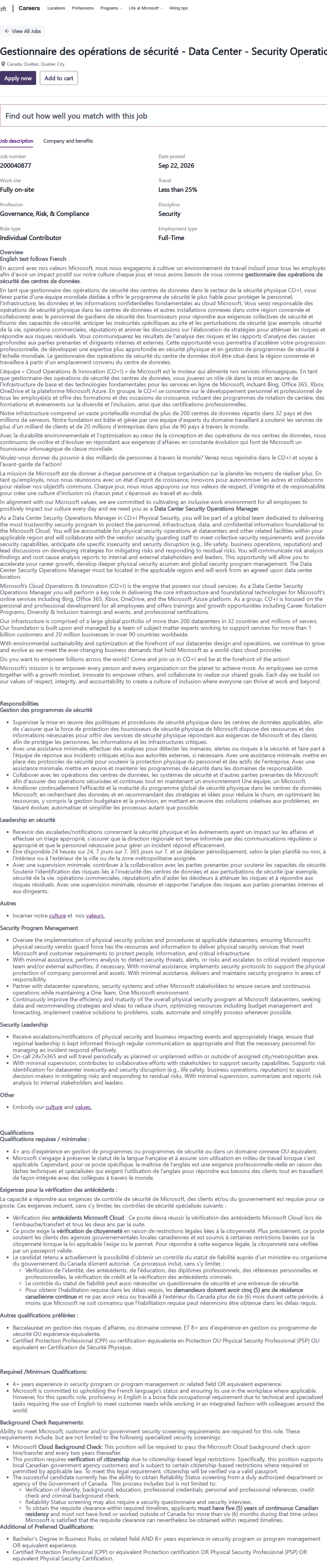 마이크로소프트(Microsoft) Gestionnaire des opérations de sécurité - Data Center - Security Operations Manager 채용공고