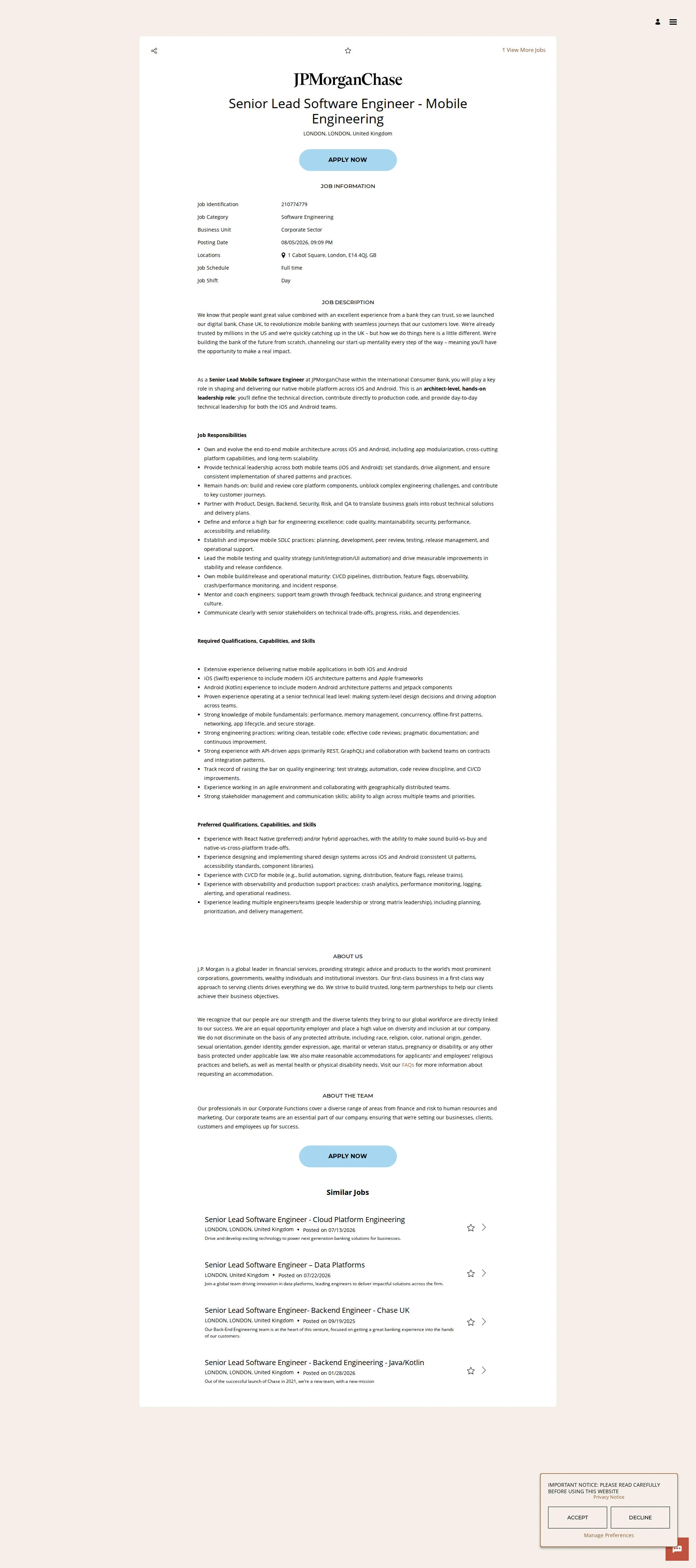 JPMorganChase Senior Lead Software Engineer - Mobile Engineering 채용공고