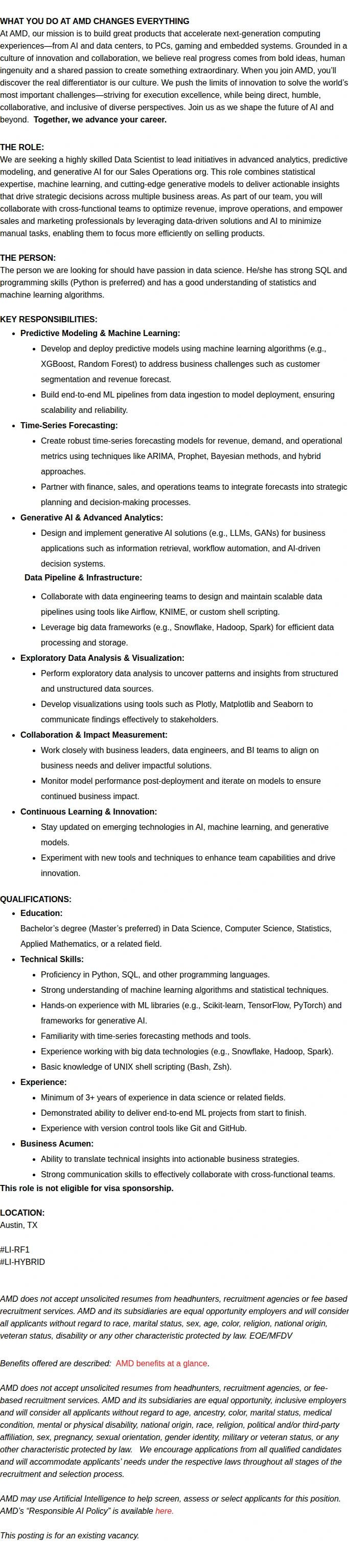 AMD Data Scientist (Sales Operations) 채용공고