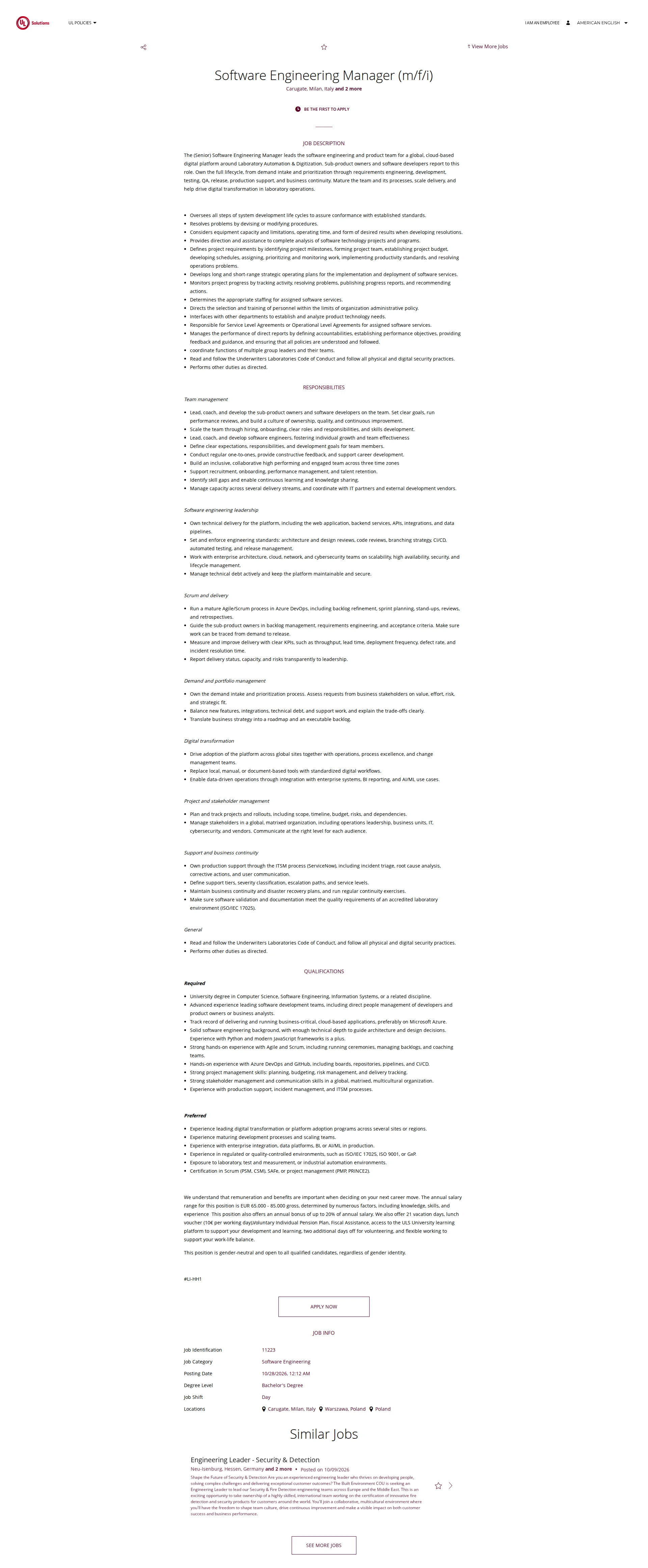 UL Solutions Software Engineering Manager (m/f/i) 채용공고