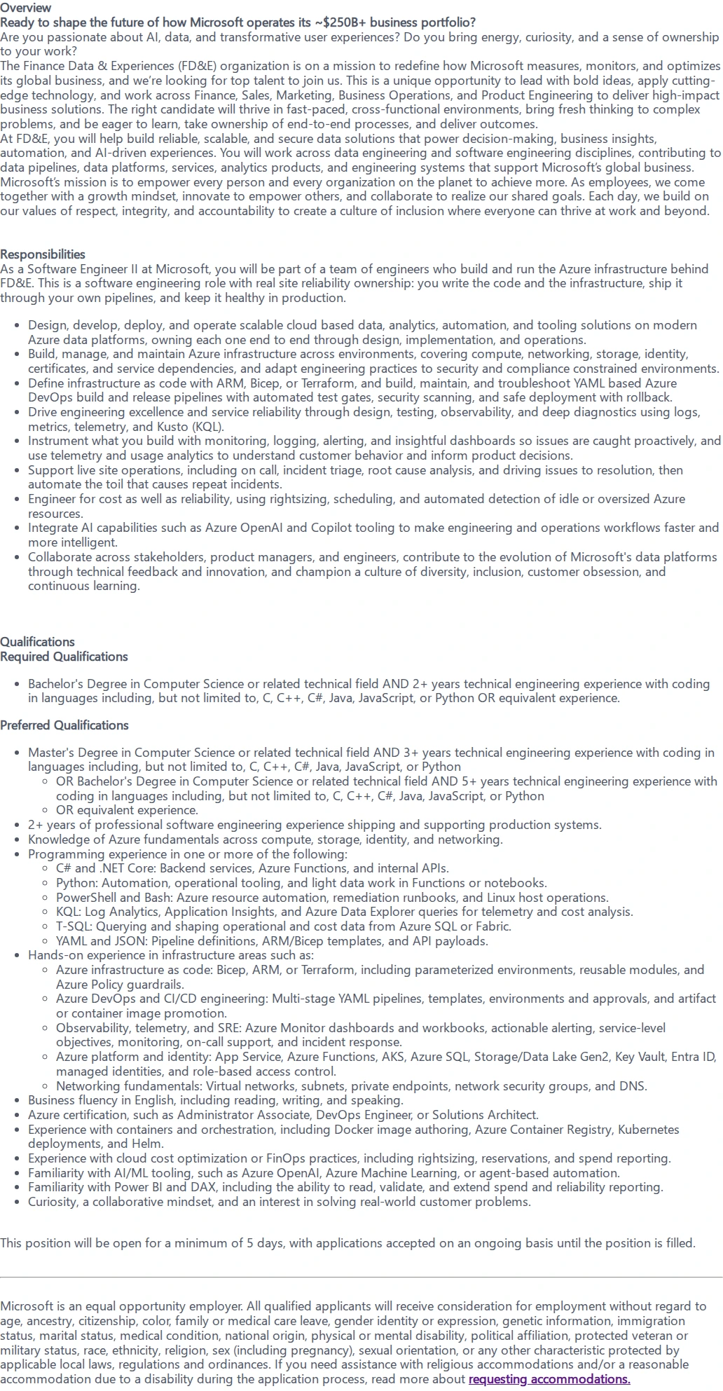 마이크로소프트(Microsoft) Software Engineer II - Finance Data & Experiences 채용공고