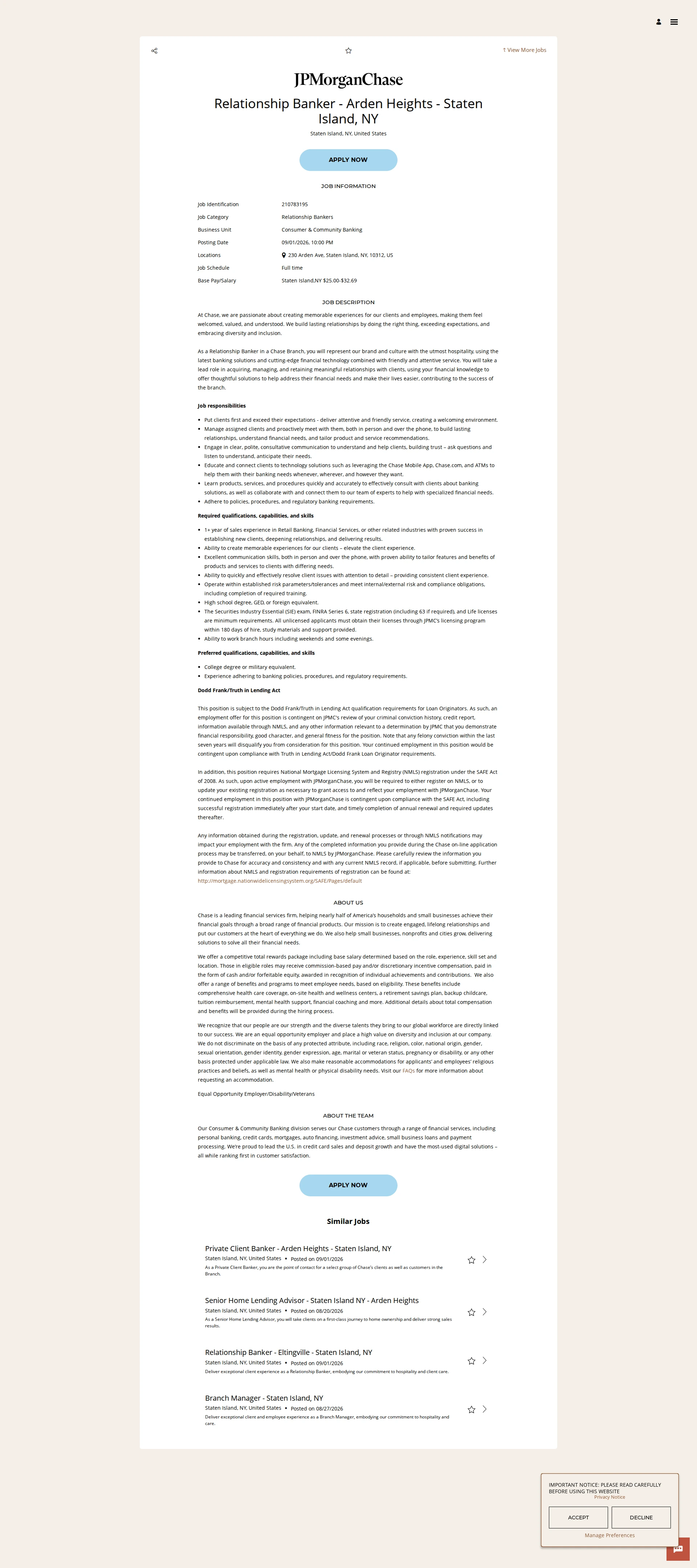 JPMorganChase Relationship Banker - Arden Heights - Staten Island, NY 채용공고