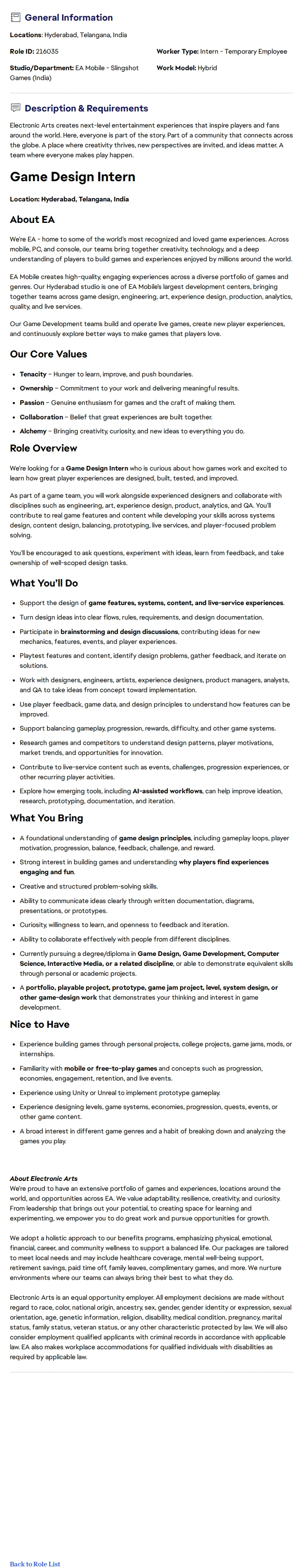 ElectronicArts Game Design Intern 채용공고