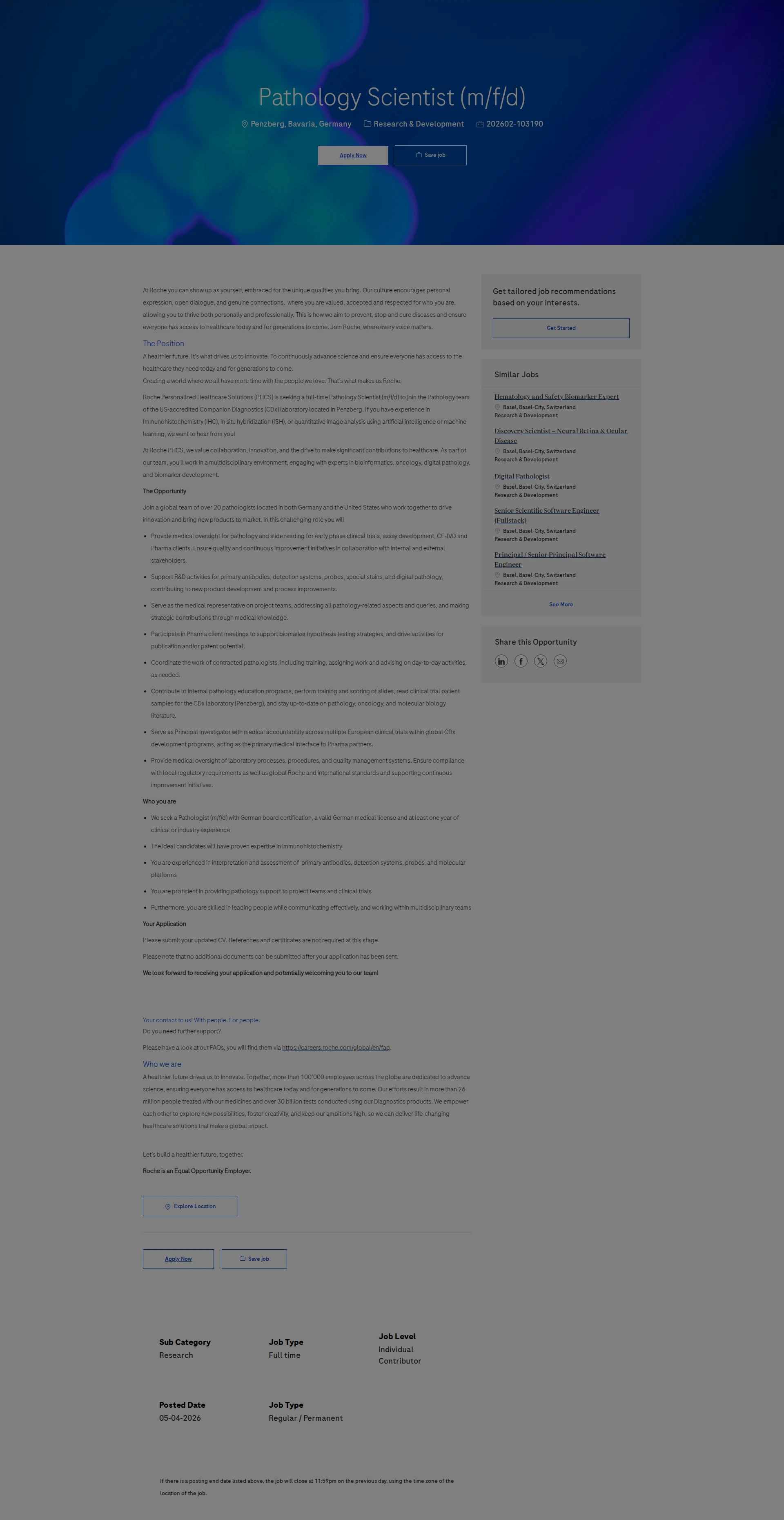 로슈 Pathology Scientist (m/f/d) 채용공고