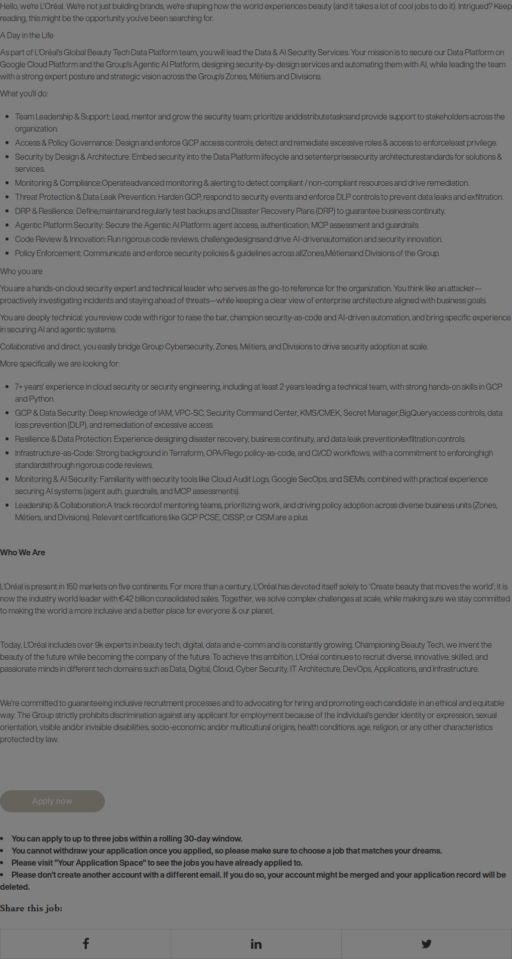로레알(L'Oreal) Security Services Lead - Data Platform & Agentic Platform 채용공고