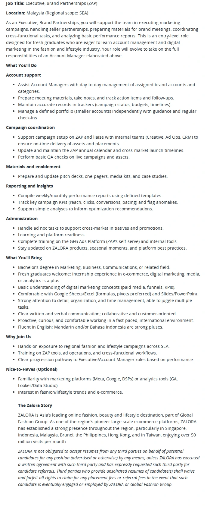 ZALORA SOUTH EAST ASIA PTE LTD Executive - Brand Partnerships ( ZAP ) 채용공고
