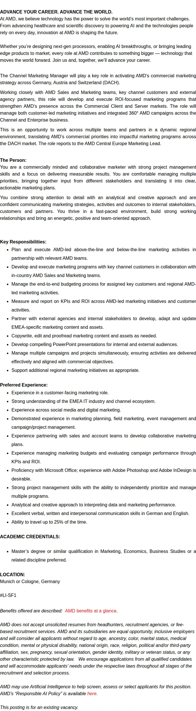AMD Channel Marketing Manager DACH 채용공고