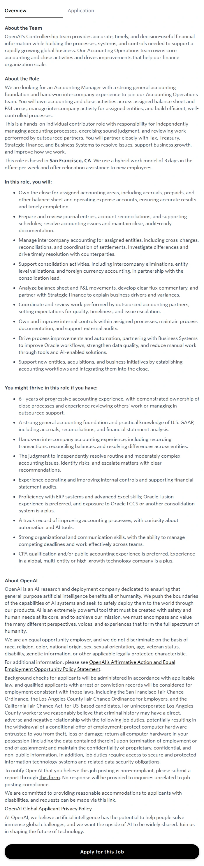 오픈에이아이(OpenAI) Accounting Manager 채용공고