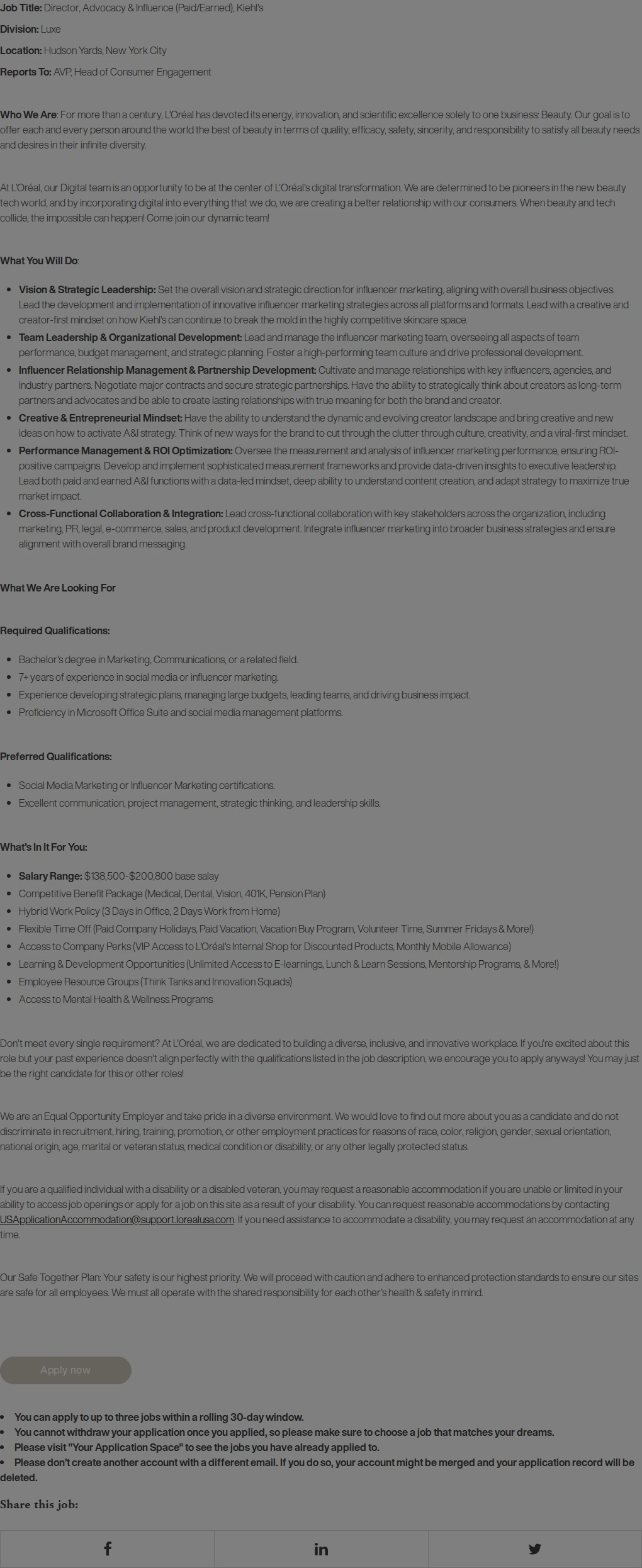 로레알(L'Oreal) Director - Advocacy & Influence (Paid/Earned), Kiehl's US 채용공고