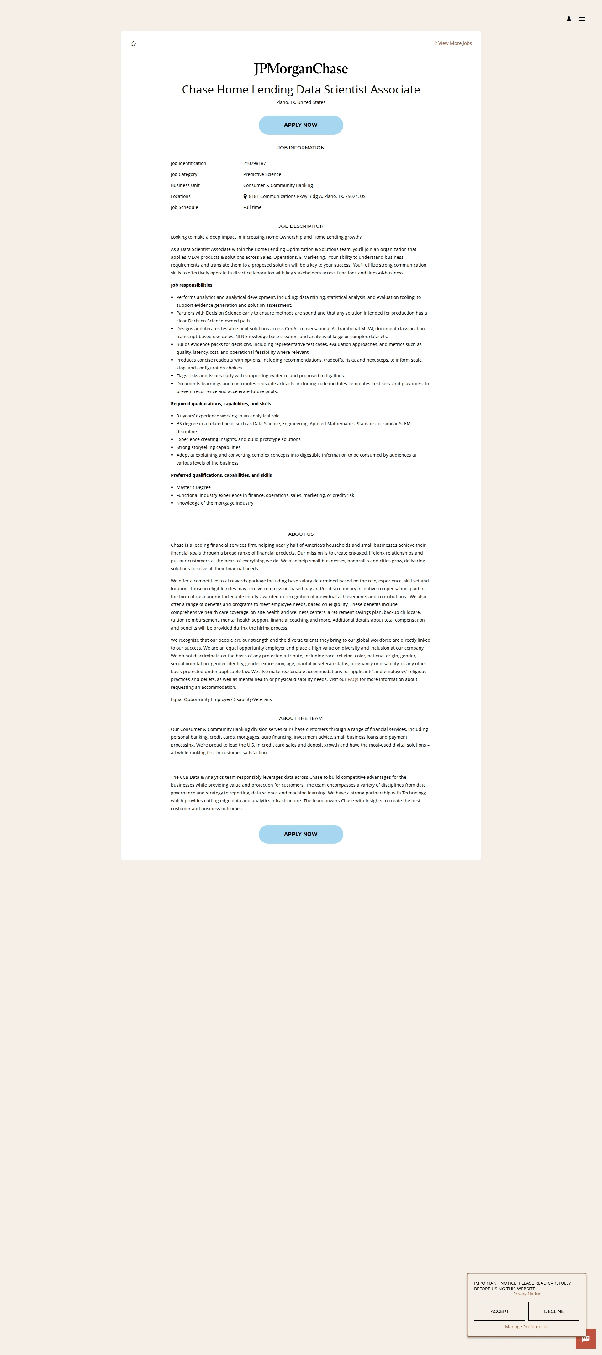 JPMorganChase Chase Home Lending Data Scientist Associate 채용공고