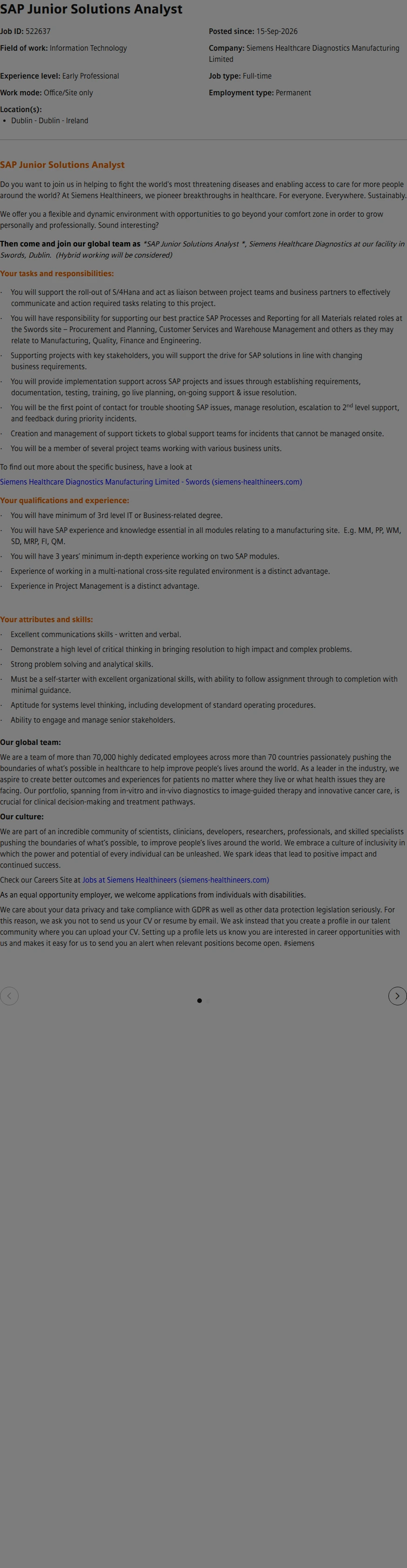 SiemensHealthineers SAP Junior Solutions Analyst 채용공고